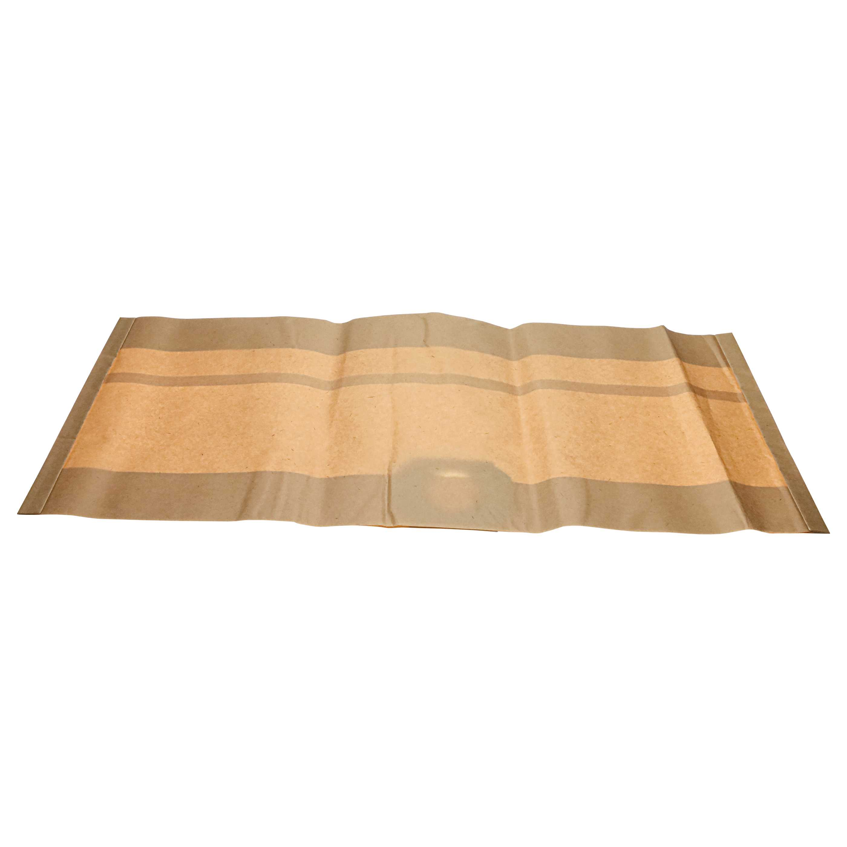 Ein flaches, braunes Papier mit horizontalen Streifen liegt auf einer weißen Oberfläche.