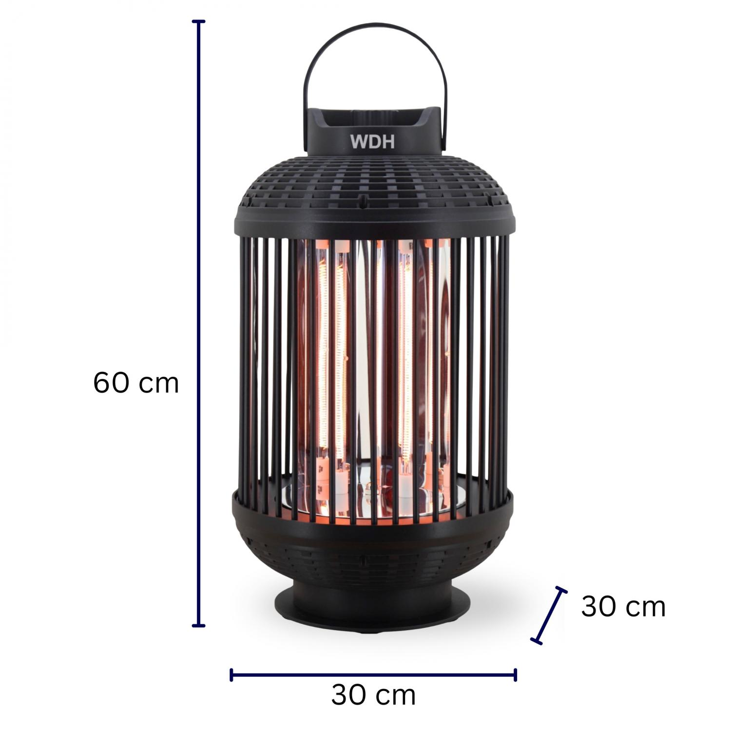 Schwarze Laternenheizung mit roten Heizelementen und Maßangaben von 60 cm Höhe und 30 cm Breite.