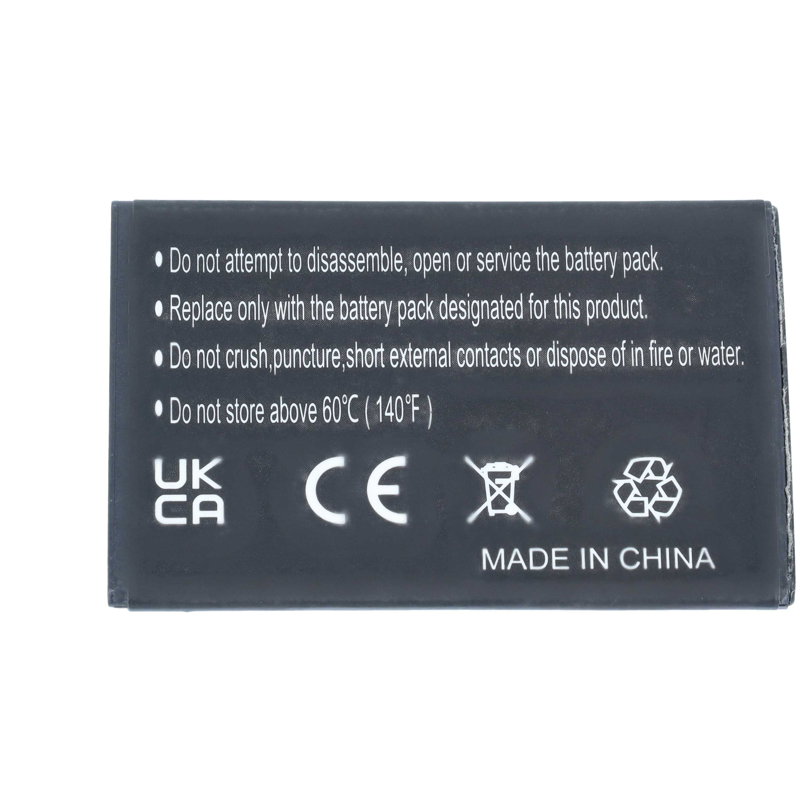 Schwarze Batterie mit Warnhinweisen, CE-Zeichen und Aufschrift Made in China.
