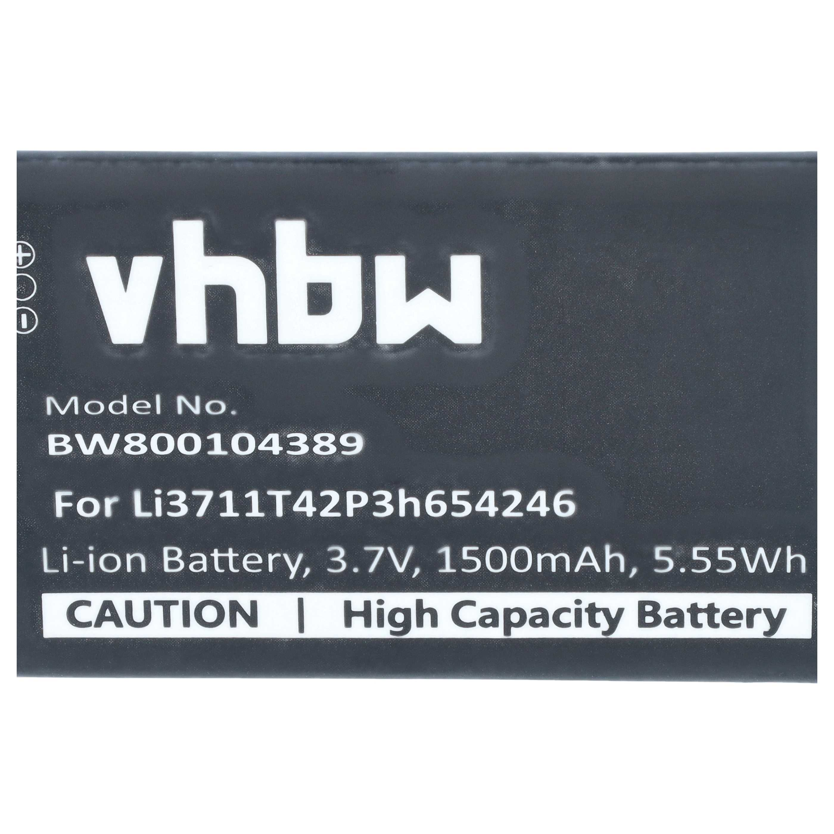 Ein schwarzer vhbw Akku mit weißem Text, der das Modell BW800104389 und 3,7V, 1500mAh zeigt.