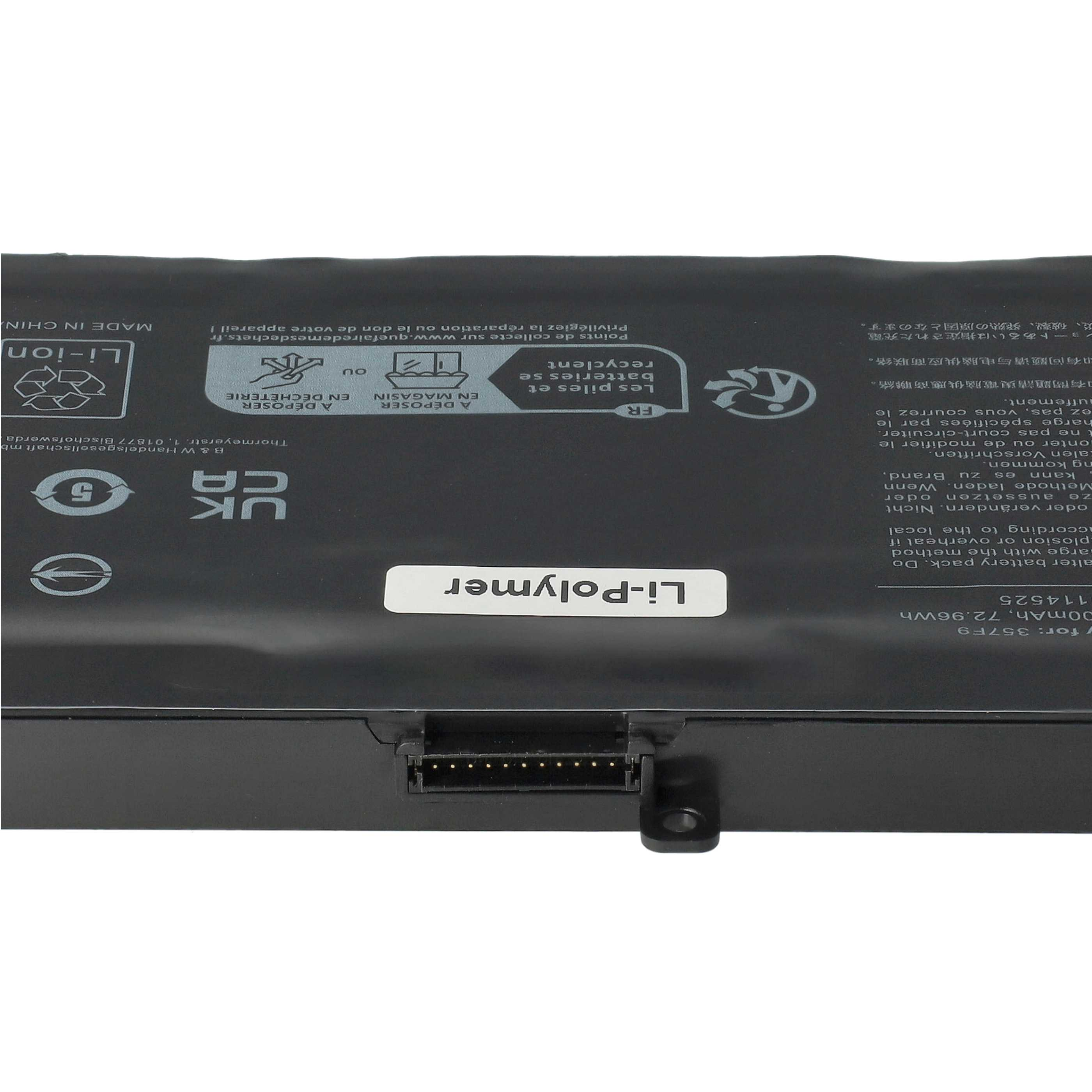 Ein schwarzer Li-Polymer Laptop-Akku mit Sicherheitswarnungen und einem Anschluss auf einer hellen Unterlage.