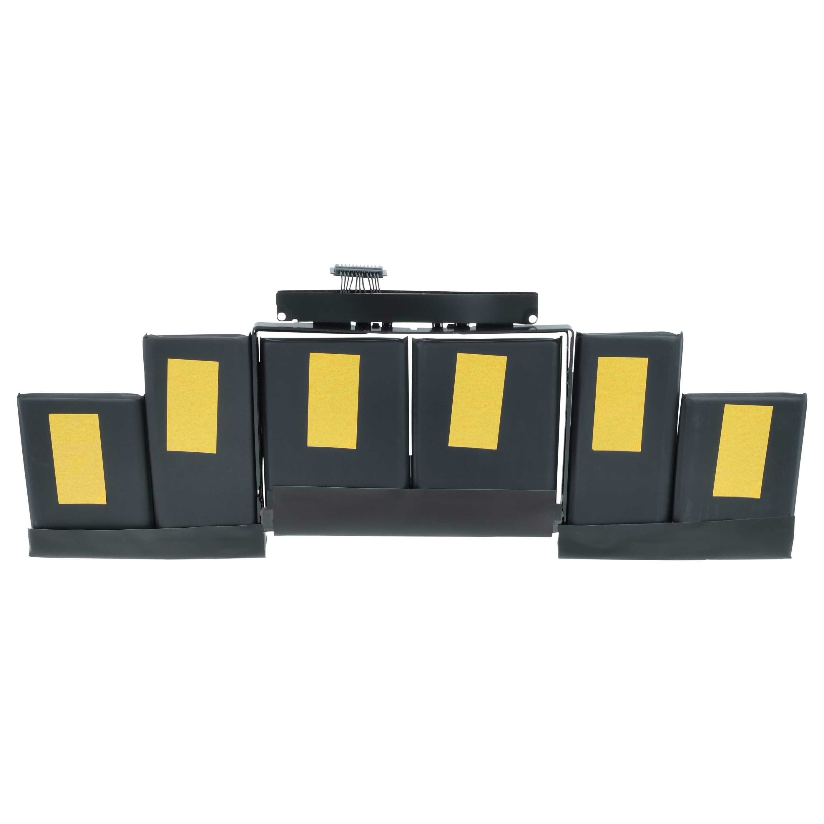 Eine schwarze Laptop-Batterie mit gelben Aufklebern und Steckverbindern auf weiÃŸem Grund.