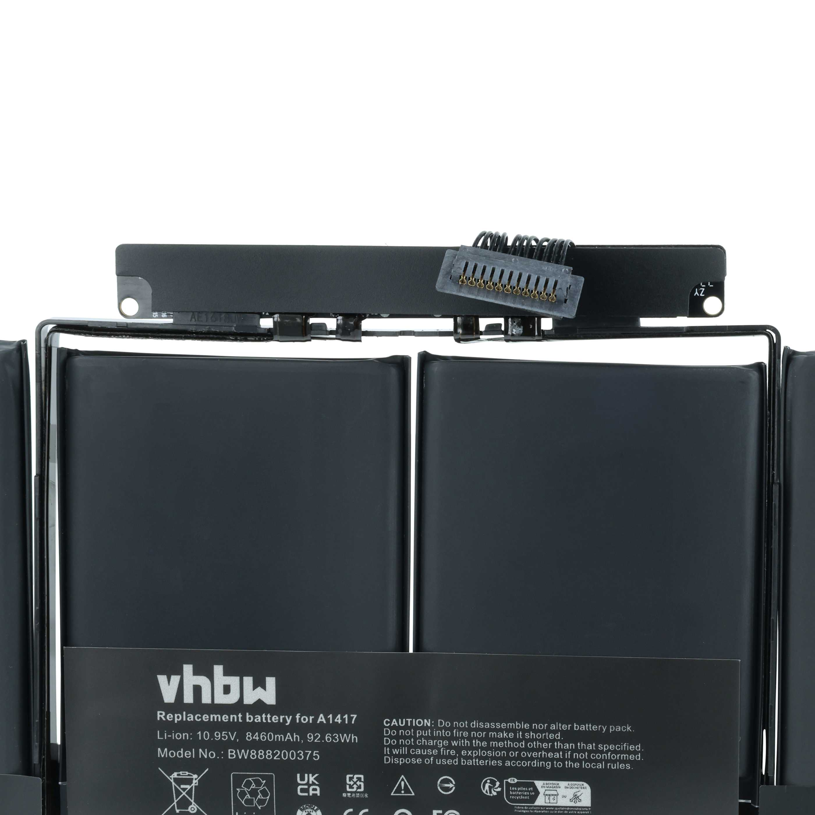Eine schwarze Ersatzlaptopbatterie mit VHBW-Logo, Modell BW888200375, und einem angeschlossenen Kabel.
