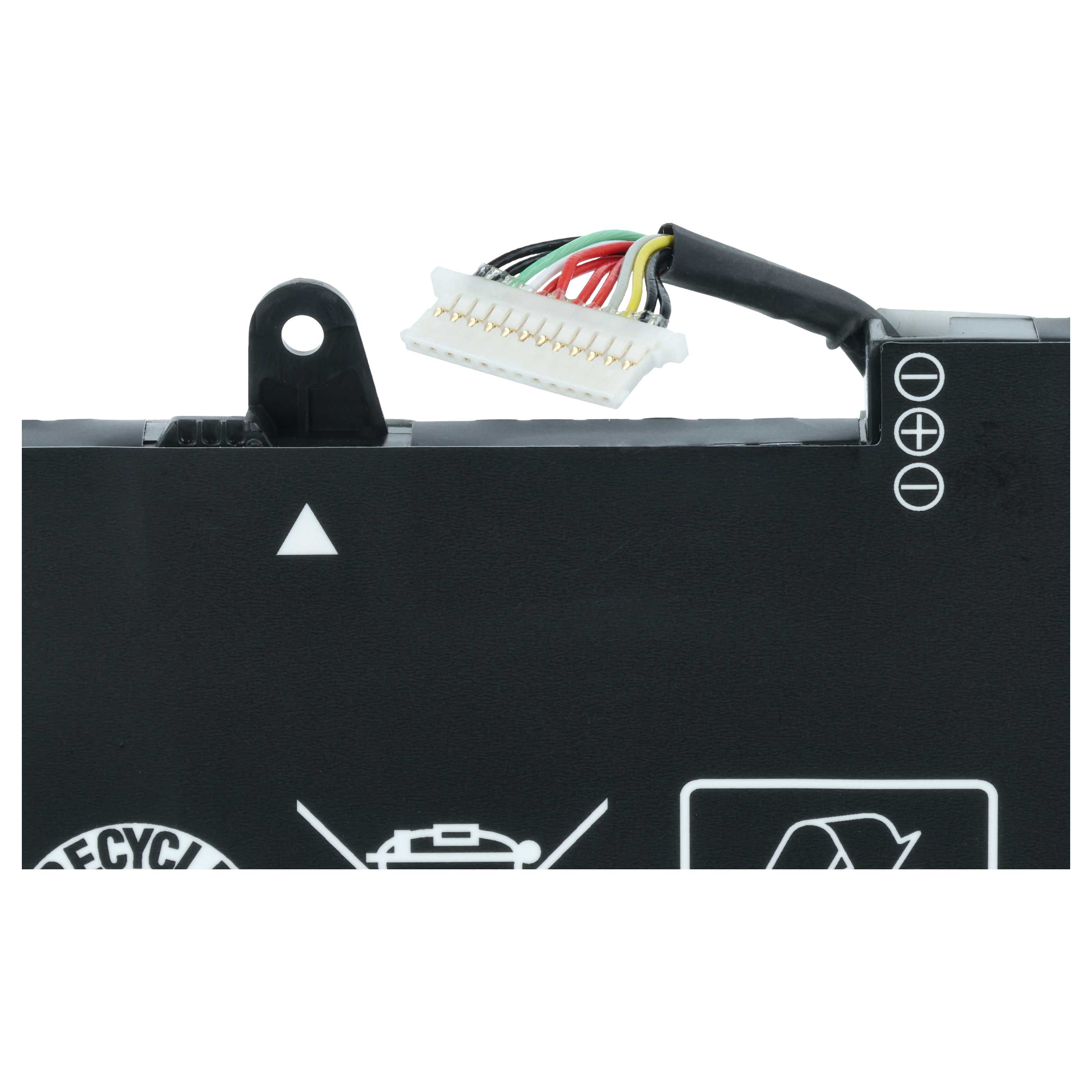 Nahaufnahme einer schwarzen Laptop-Batterie mit einem weißen Stecker, mehrfarbigen Kabeln und aufgedruckten Symbolen.