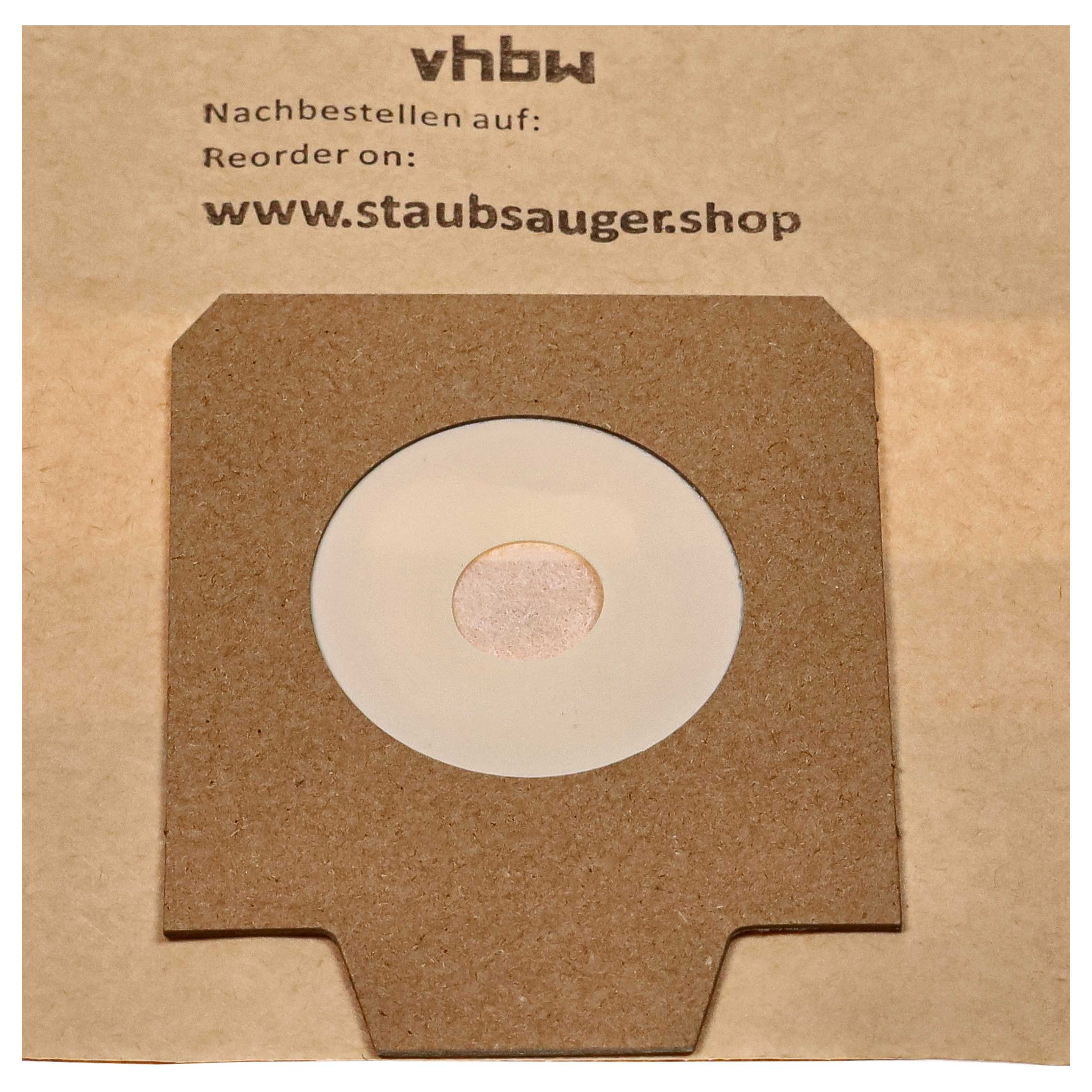 Ein brauner Staubsbeutel mit weißer Öffnung auf Pappuntergrund mit Text.