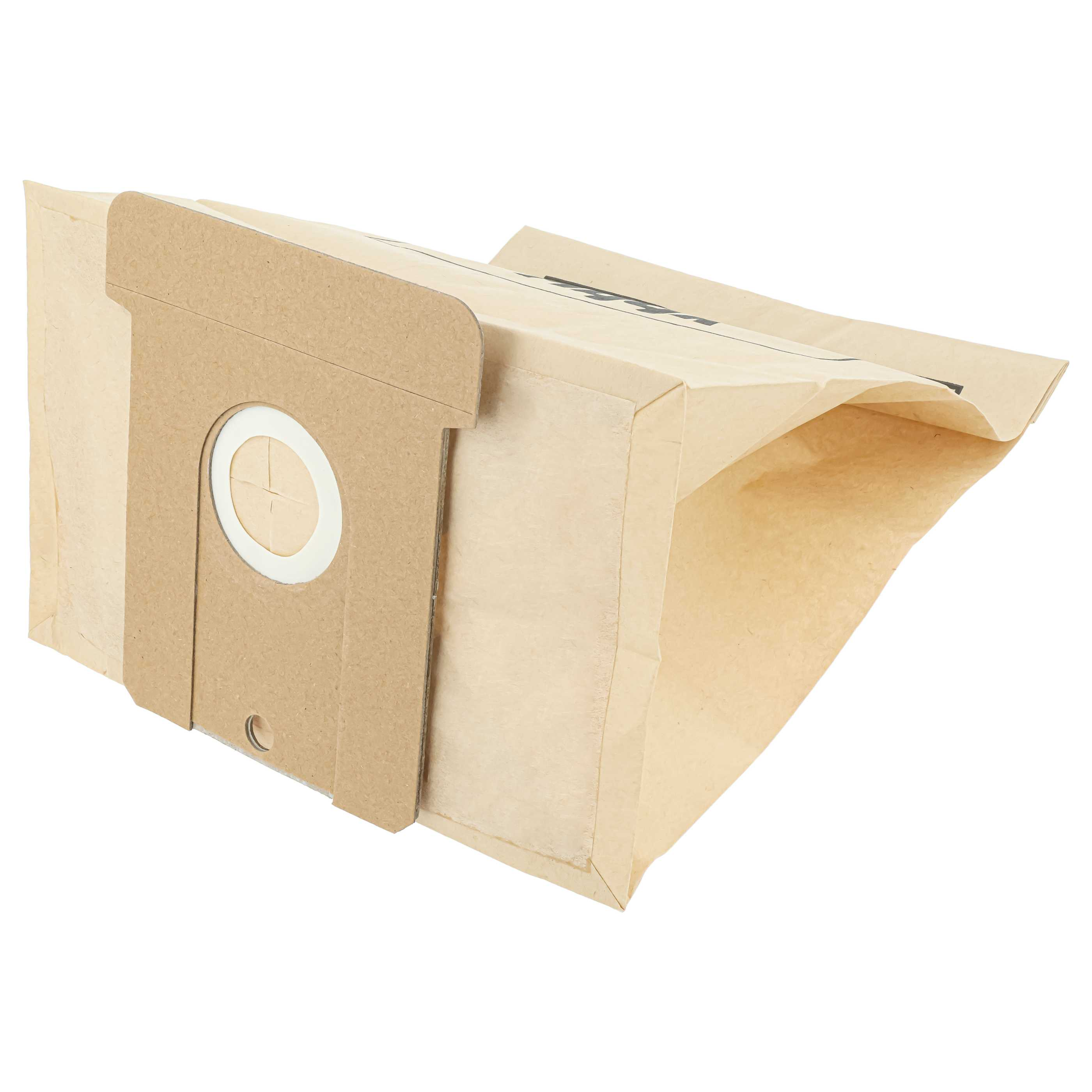 Ein beiger Staubsaugerbeutel aus Papier mit Pappkragen und Einlassloch vor weißem Hintergrund.