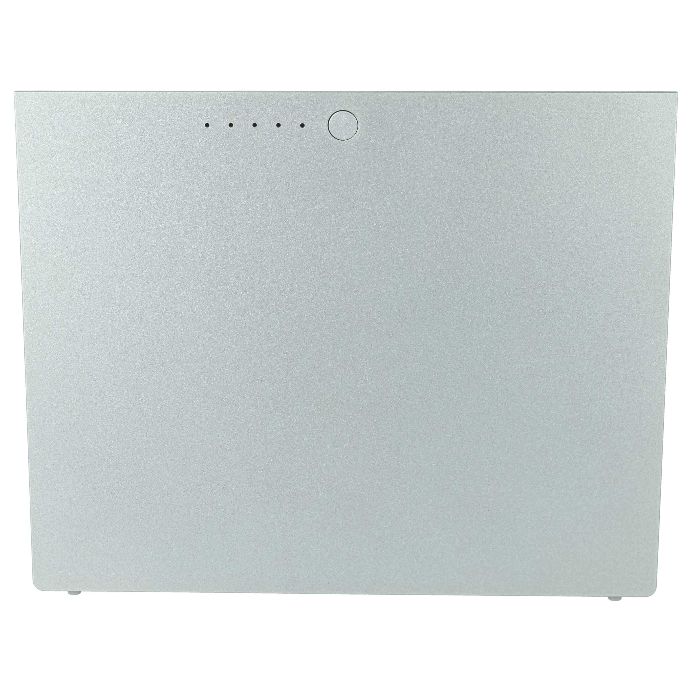 Eine rechteckige, silberne Powerbank mit fünf kleinen LED-Anzeigepunkten und einem runden Einschaltknopf oben.
