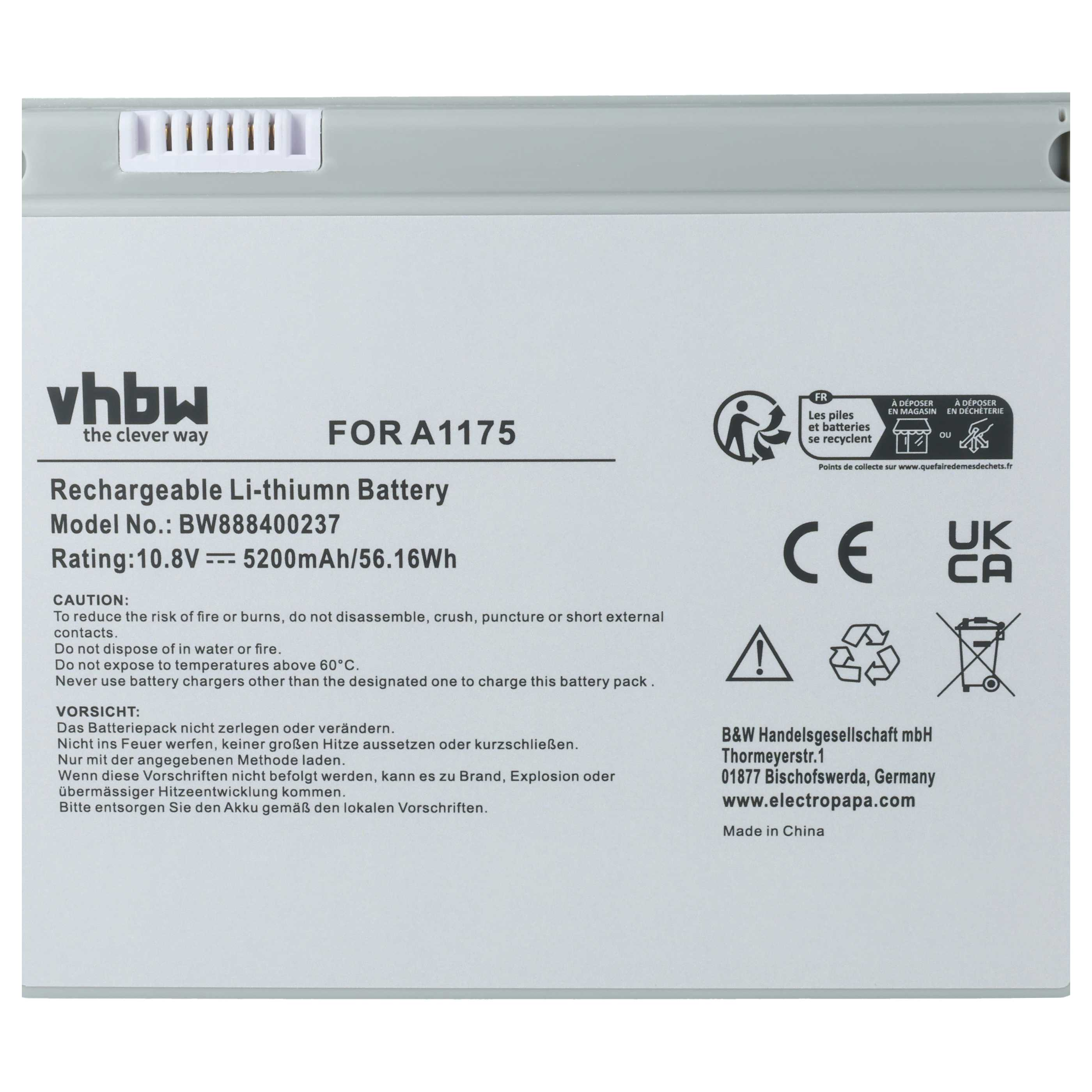 Grauer Akku mit vhbw-Logo, Technischen Daten und Sicherheitshinweisen.