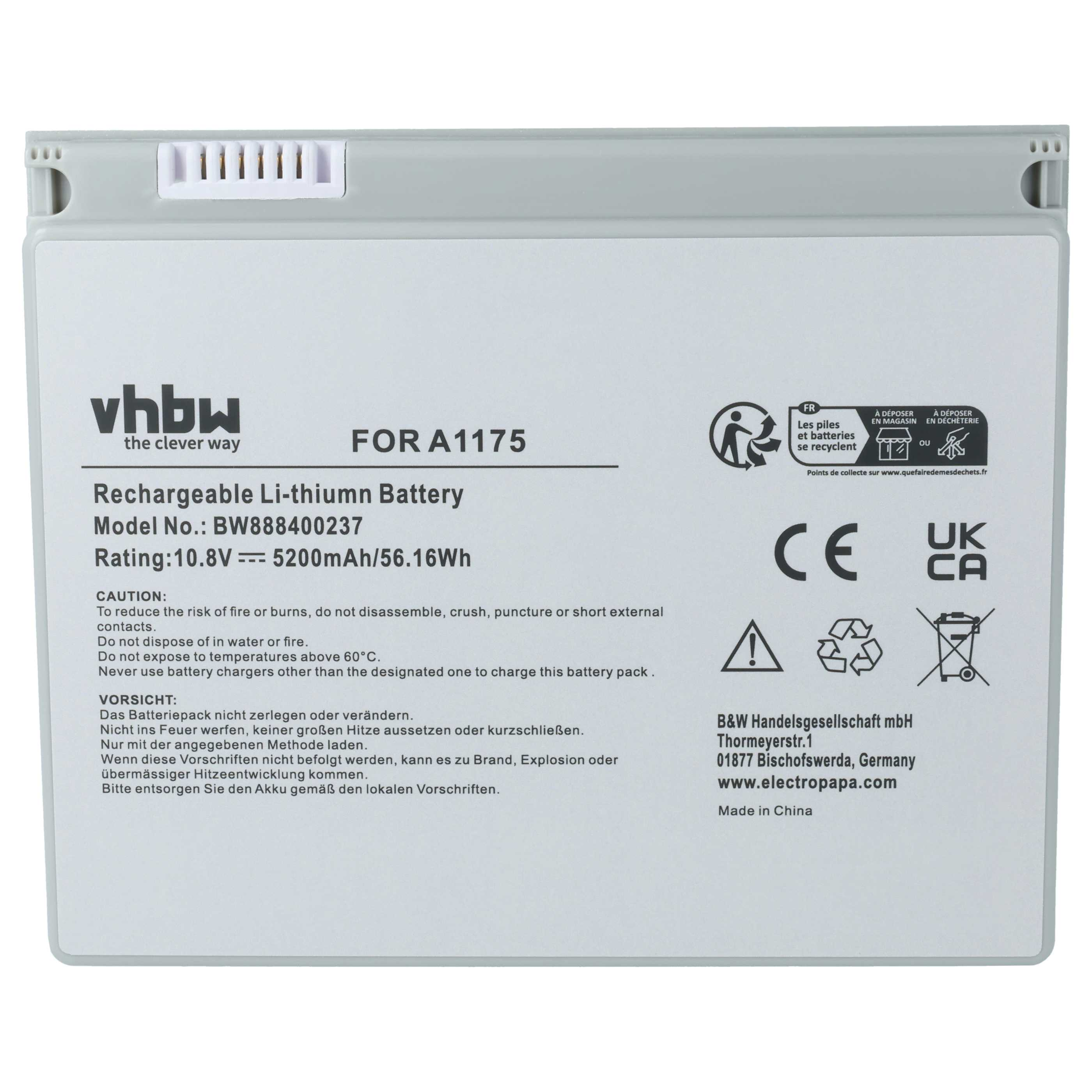 Ein graues vhbw Li-Ionen-Akkulabel mit technischen Daten, Sicherheitshinweisen und Recyclingsymbolen.
