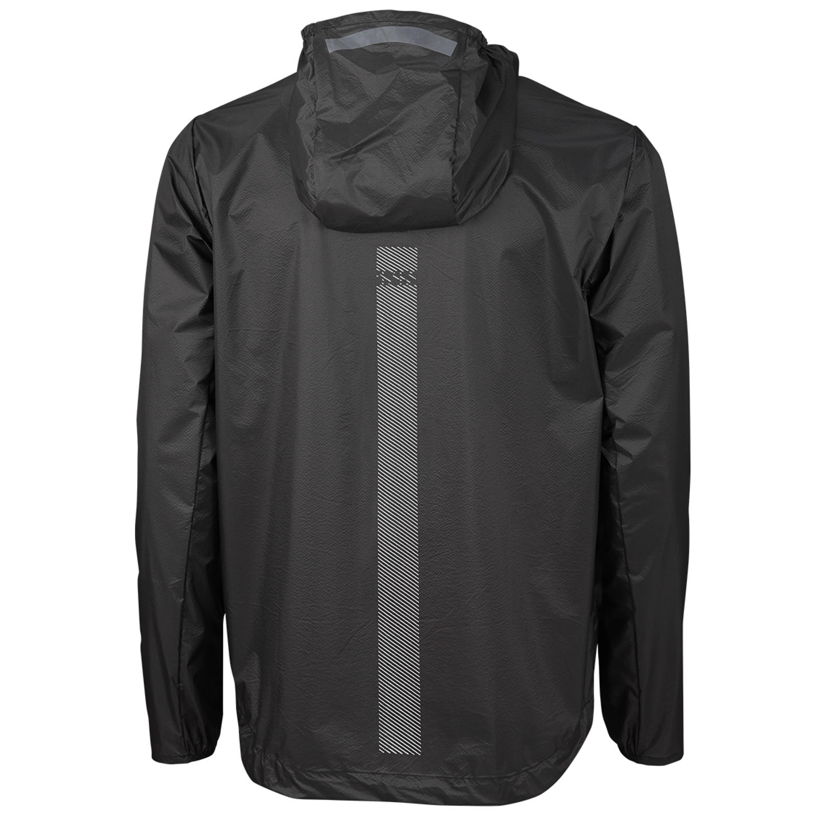 Rückansicht einer schwarzen Jacke mit Kapuze und einem weißen Streifen.