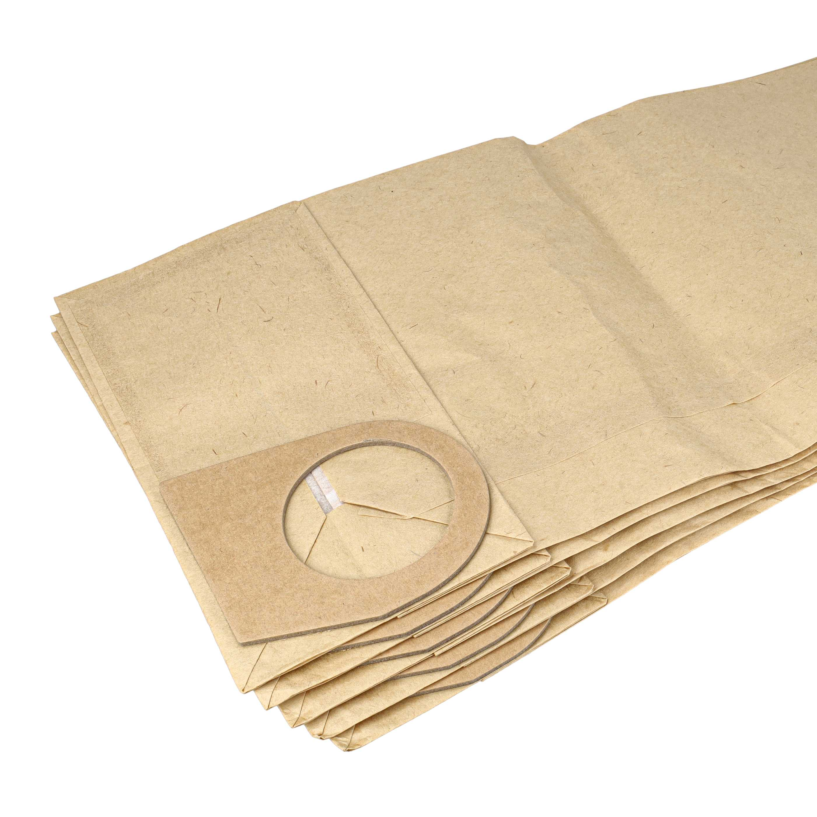 Stapel brauner Staubsaugerbeutel aus Papier auf weißem Hintergrund.