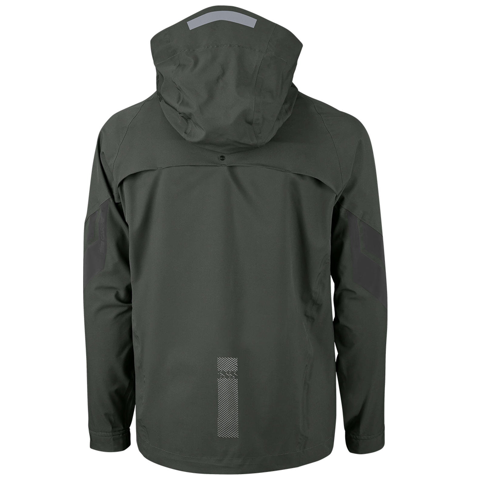 Rückansicht einer dunklen Regenjacke mit Kapuze und reflektierenden Details gegen einen weißen Hintergrund.