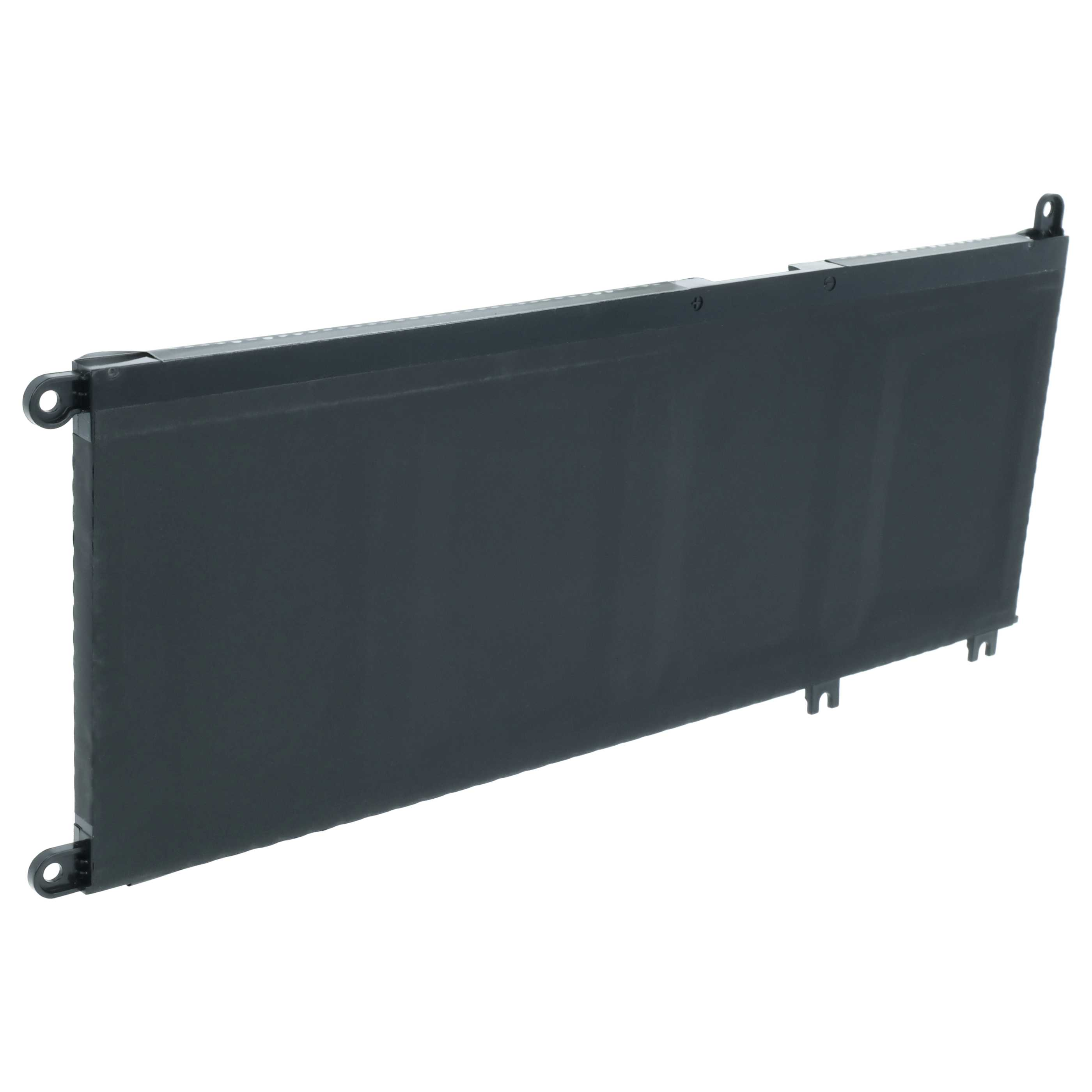 Ein längliches, schwarzes Laptop-Akkupaket mit Befestigungslaschen auf weißem Hintergrund.
