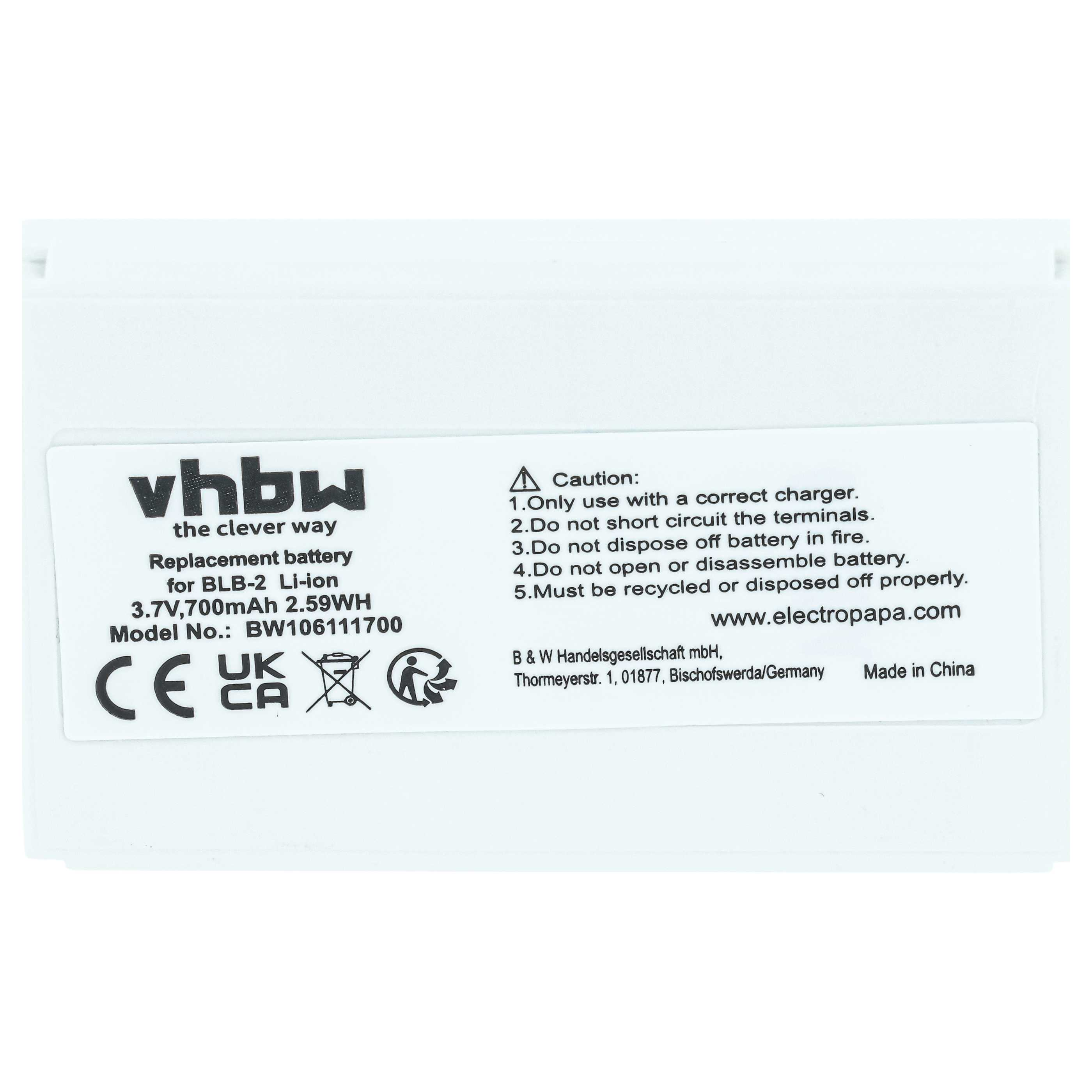 Weiße vhbw Ersatzbatterie mit Warnhinweisen, technischen Daten, CE-Kennzeichnung und Herstellerinfos.