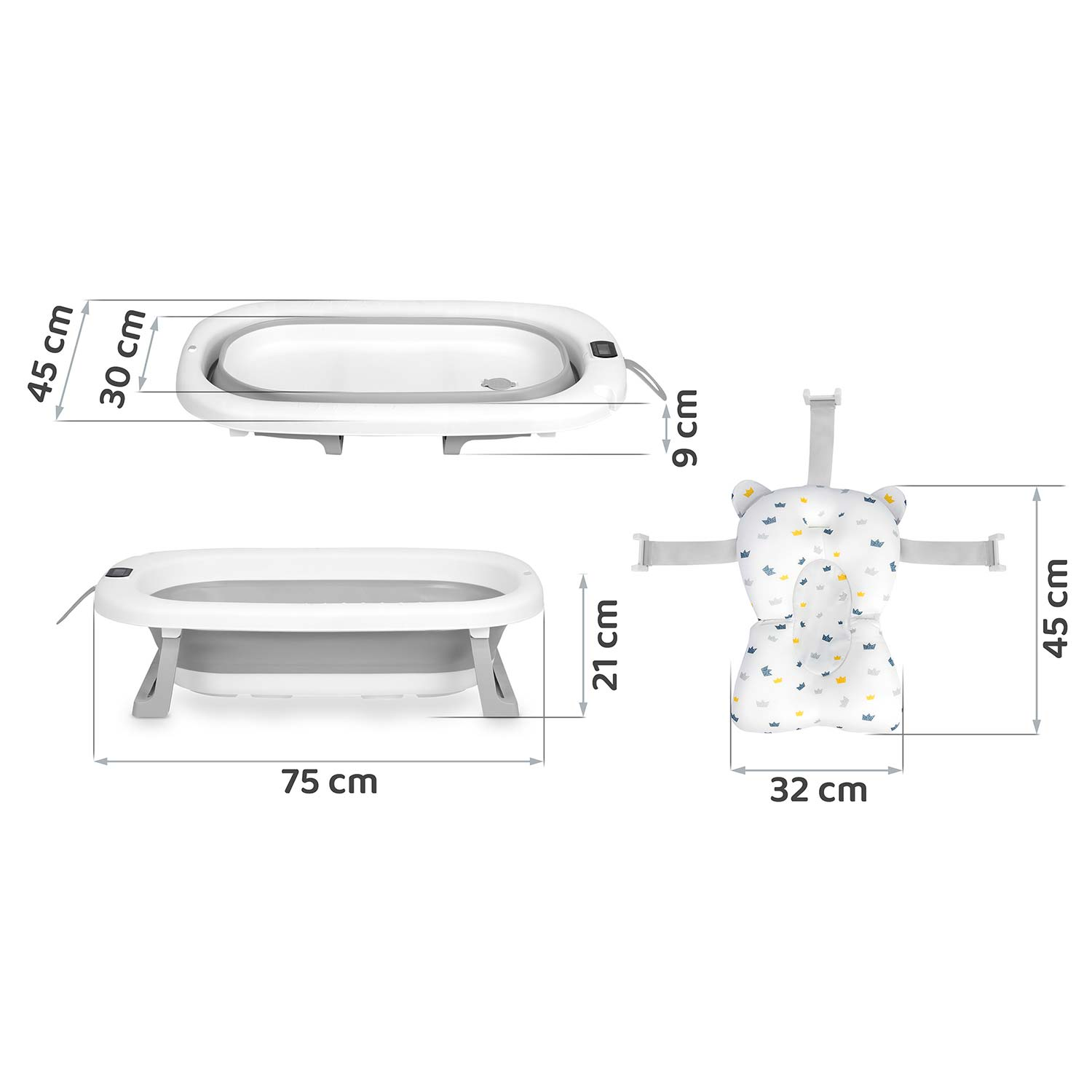 Diagram składanej wanienki dla dziecka z poduszką i wymiarami w centymetrach.