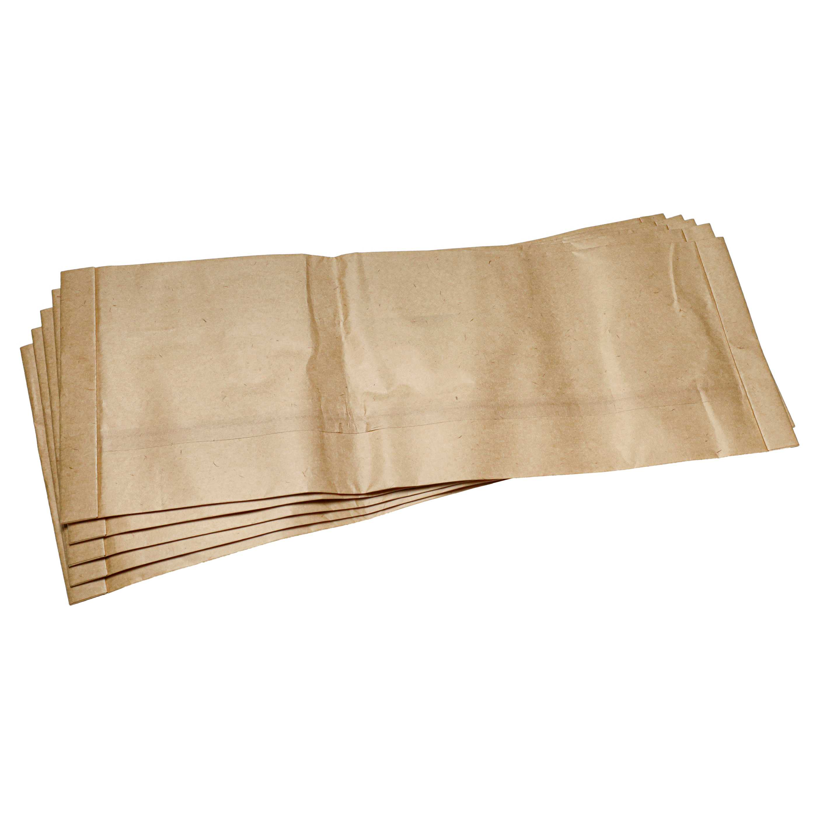 Ein Stapel flacher brauner Papiertüten auf weißem Hintergrund.