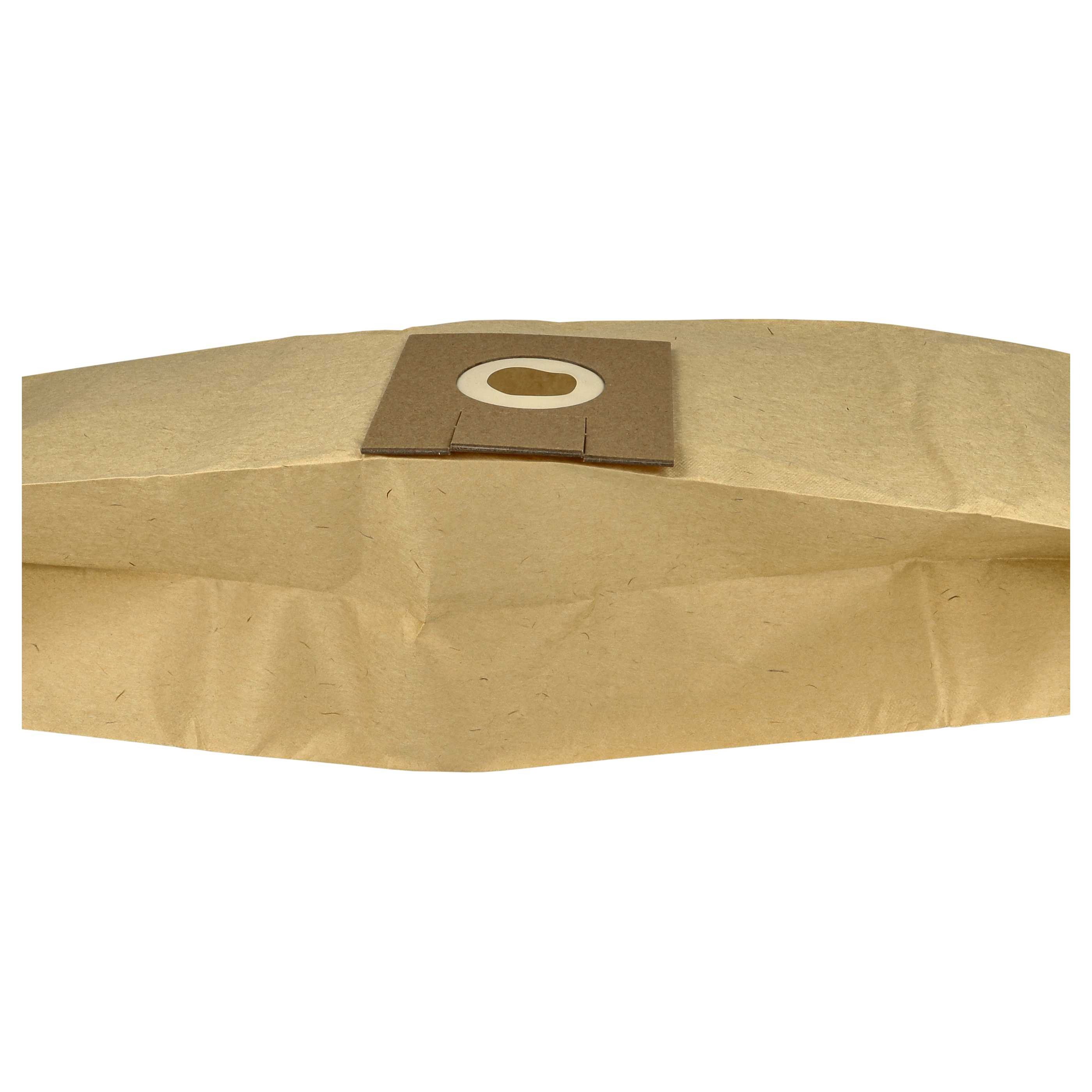 Ein brauner Staubsaugerbeutel aus Papier mit einer zentralen Pappmanschette und Einlassöffnung auf weißem Grund.