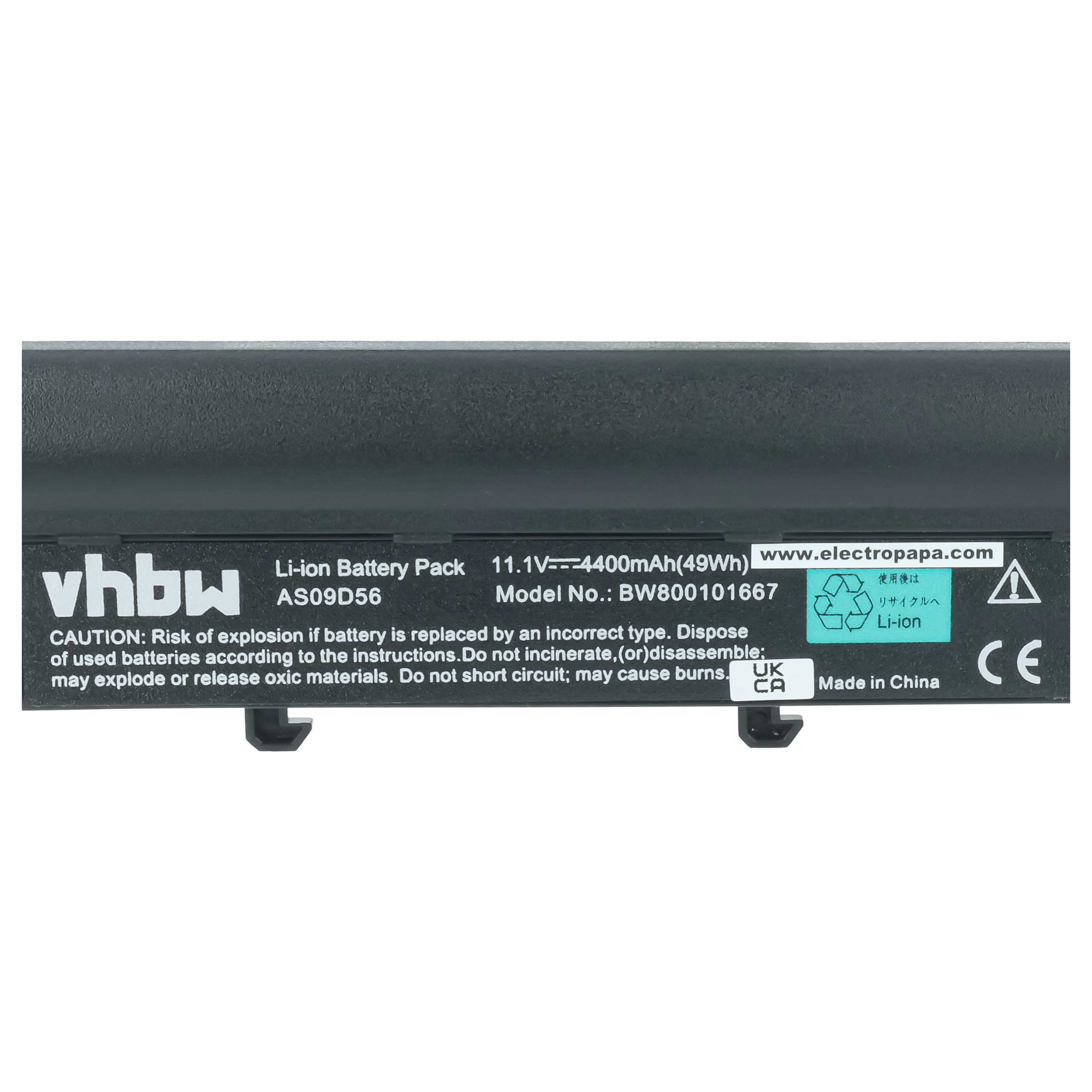 Schwarzer VHBW Li-Ionen-Akku mit technischen Daten, Warnhinweisen und CE-Kennzeichnung.