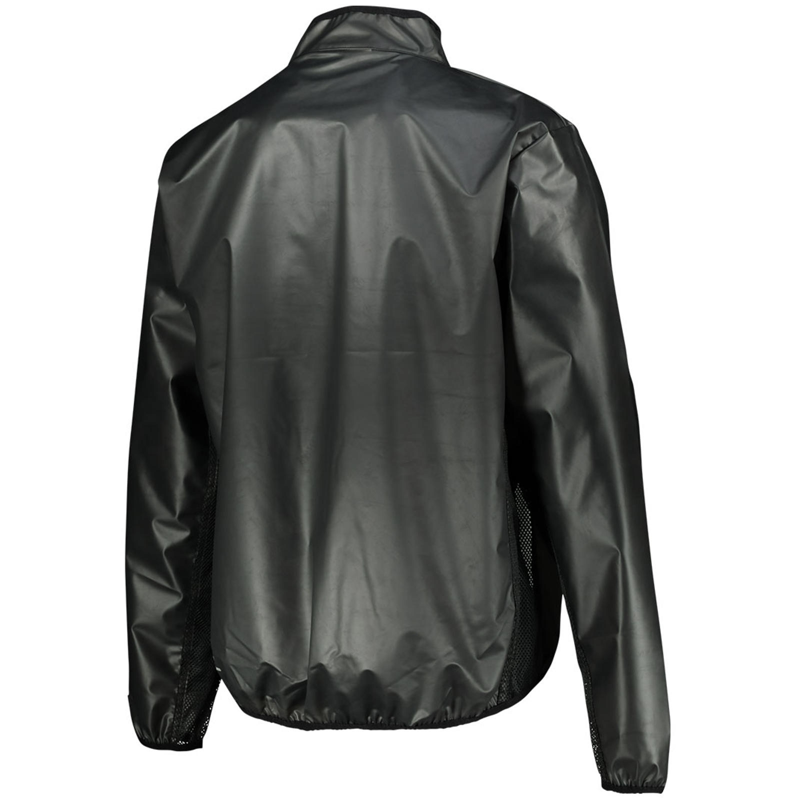 Rückansicht einer schwarzen Sportjacke mit langen Ärmeln und Mesh-Einsätzen an den Seiten.