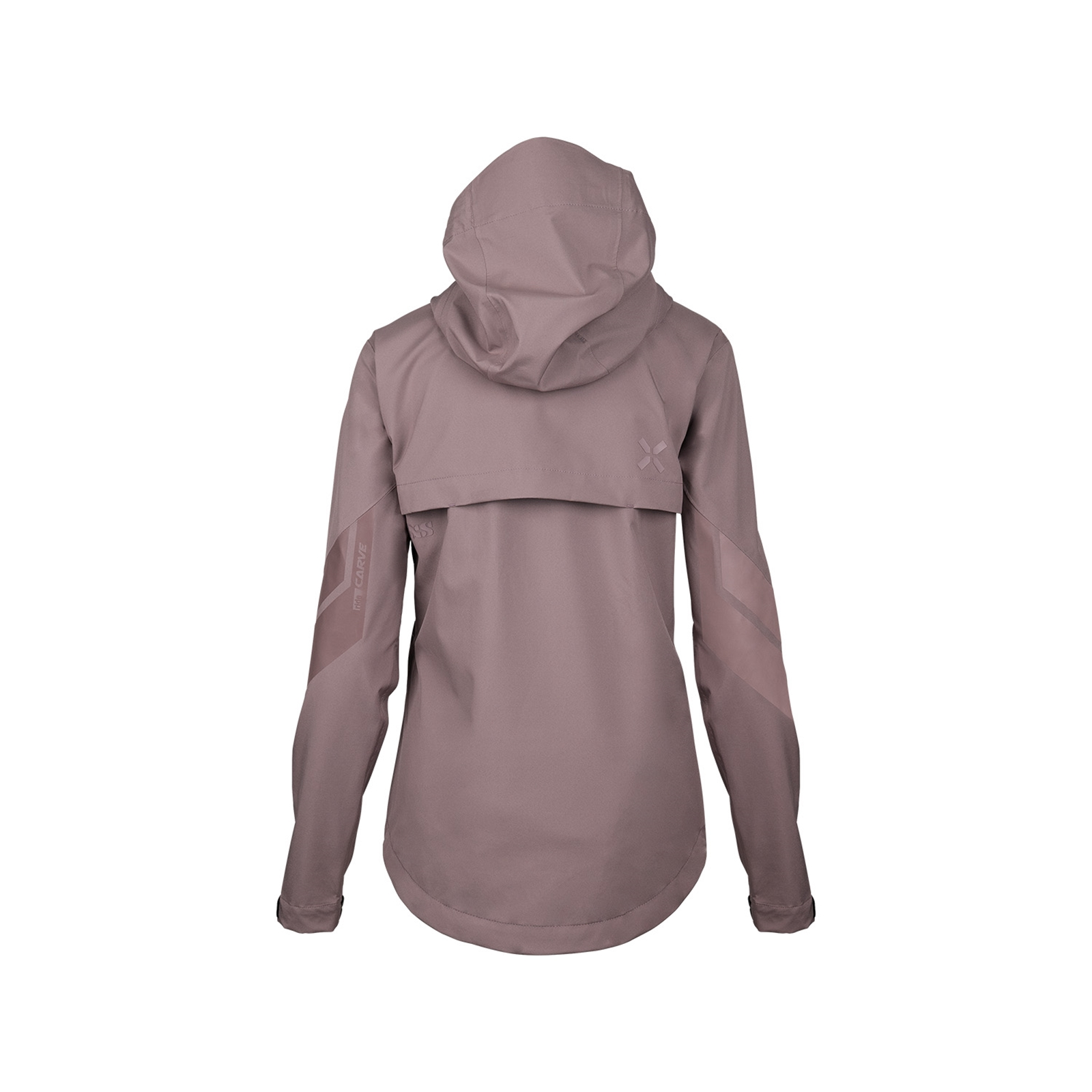 Rückansicht einer mauvefarbenen Damenjacke mit Kapuze und dezenten Logodetails vor weißem Hintergrund.