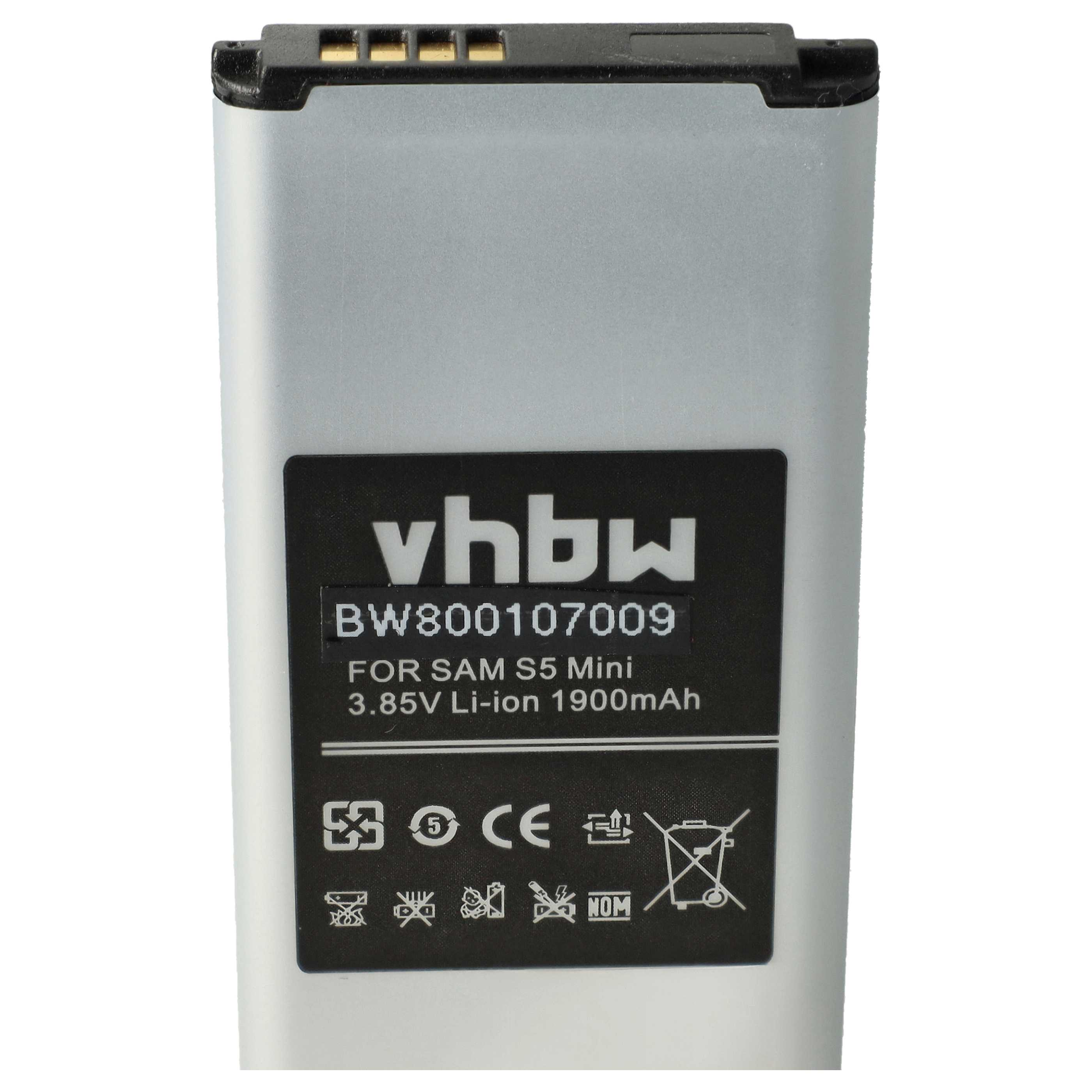 Eine silberne vhbw Ersatzakku für Smartphones mit schwarzem Label, Text und Symbolen auf weißem Hintergrund.