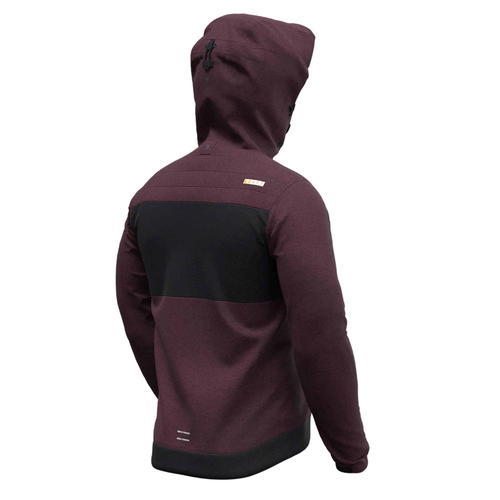 Rückansicht einer dunkelroten Kapuzenjacke mit schwarzem Brust- und Hüftbereich sowie Markenlogo auf der Schulter.
