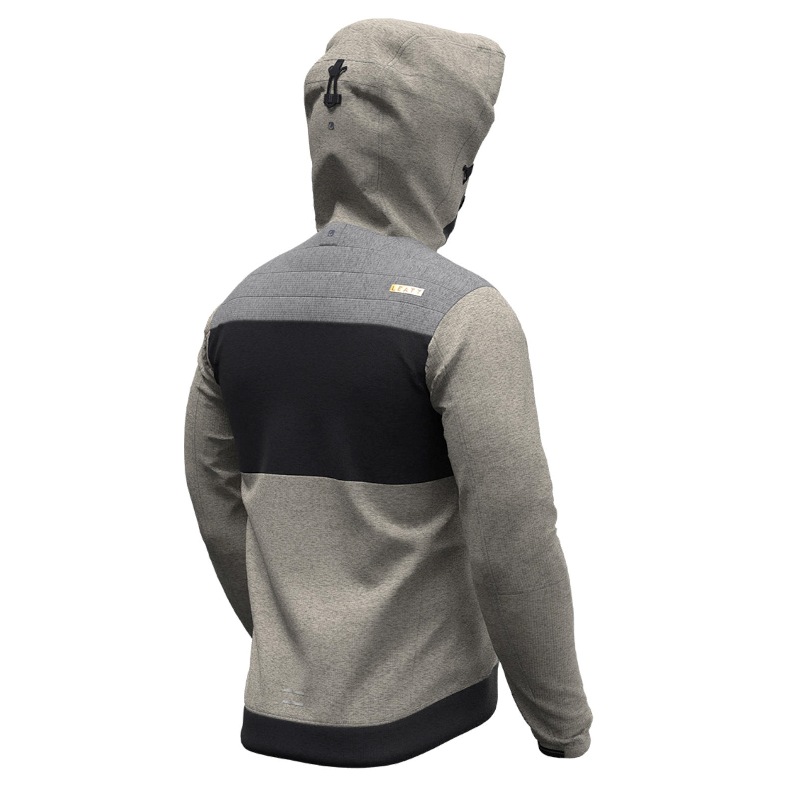 Rückansicht einer grauen Leatt Kapuzenjacke mit schwarzem Bruststreifen und Kapuze.