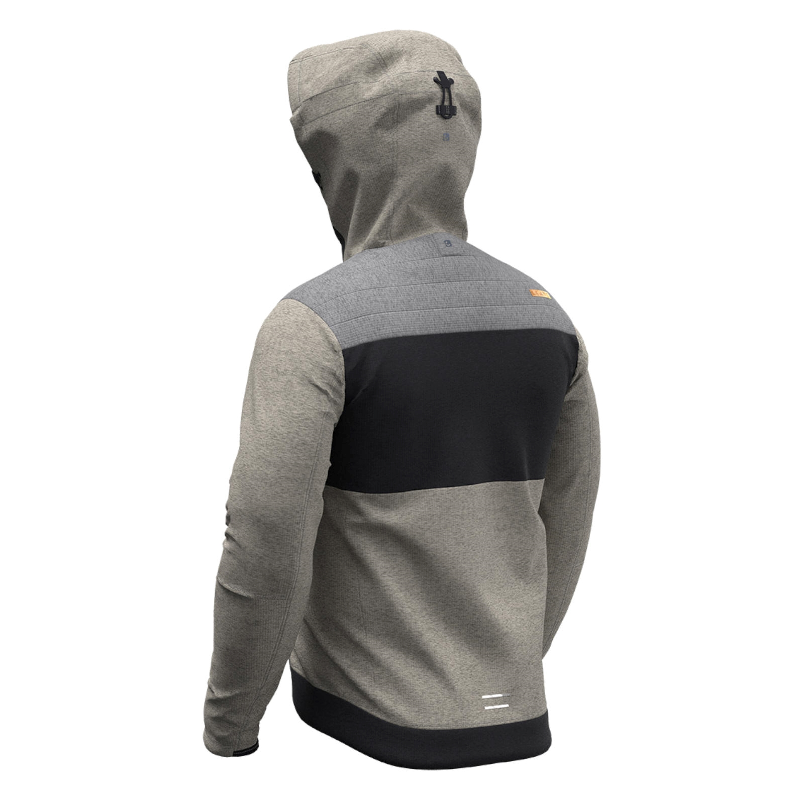 Rückansicht einer grauen und schwarzen Kapuzenjacke vor einem schlichten weißen Hintergrund.