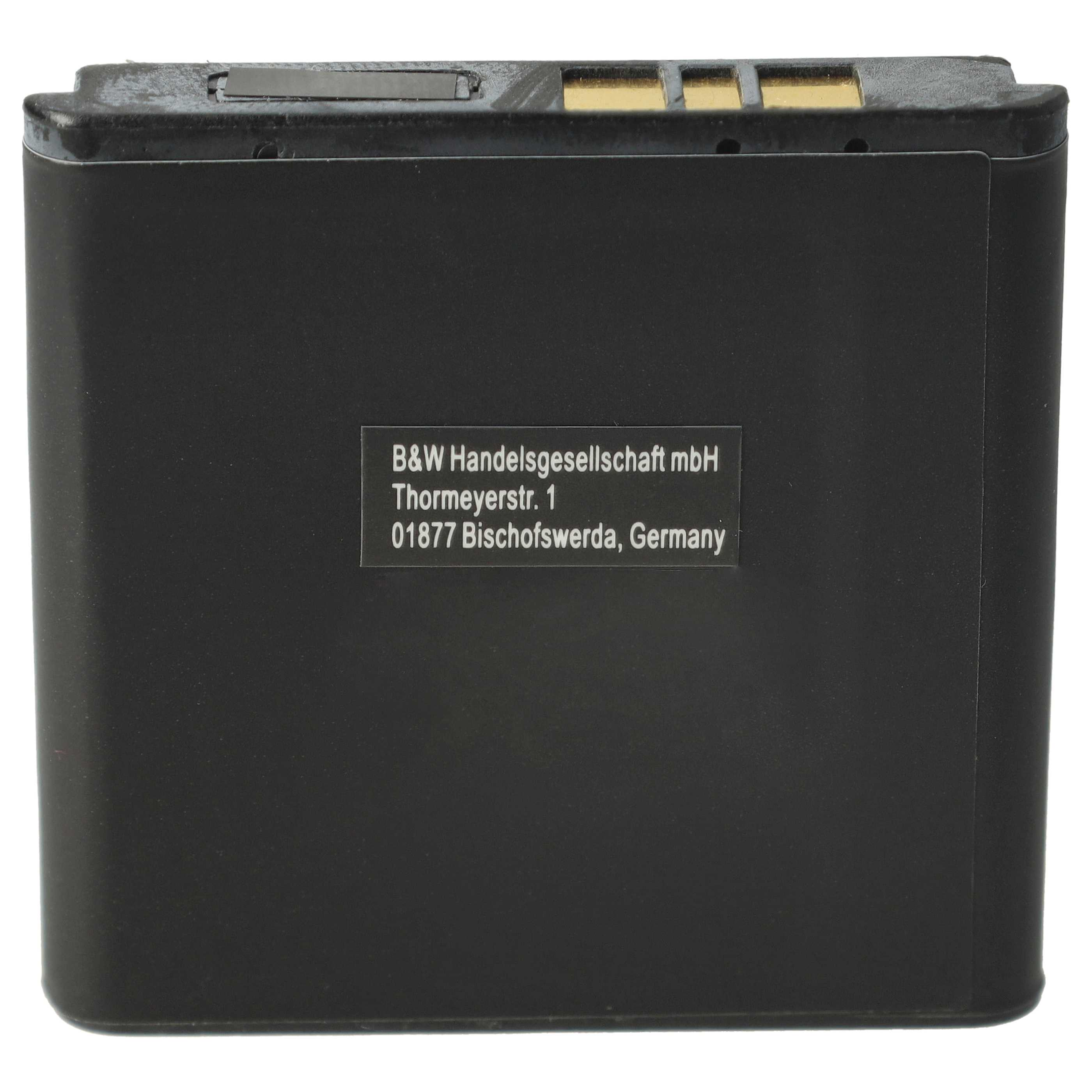 Ein schwarzer, rechteckiger Akku mit goldenen Kontakten oben und einem Firmenetikett in der Mitte.