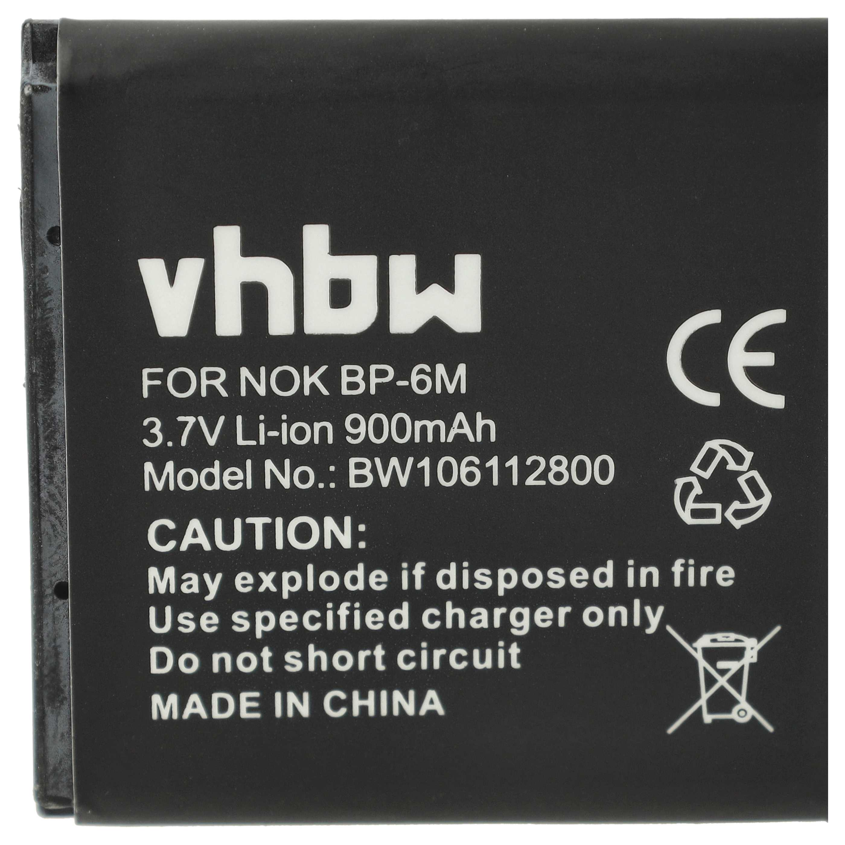 Eine schwarze vhbw Batterie für NOK BP-6M mit weißem Text, Sicherheitshinweisen, CE-Kennzeichen und Recycling-Symbolen.