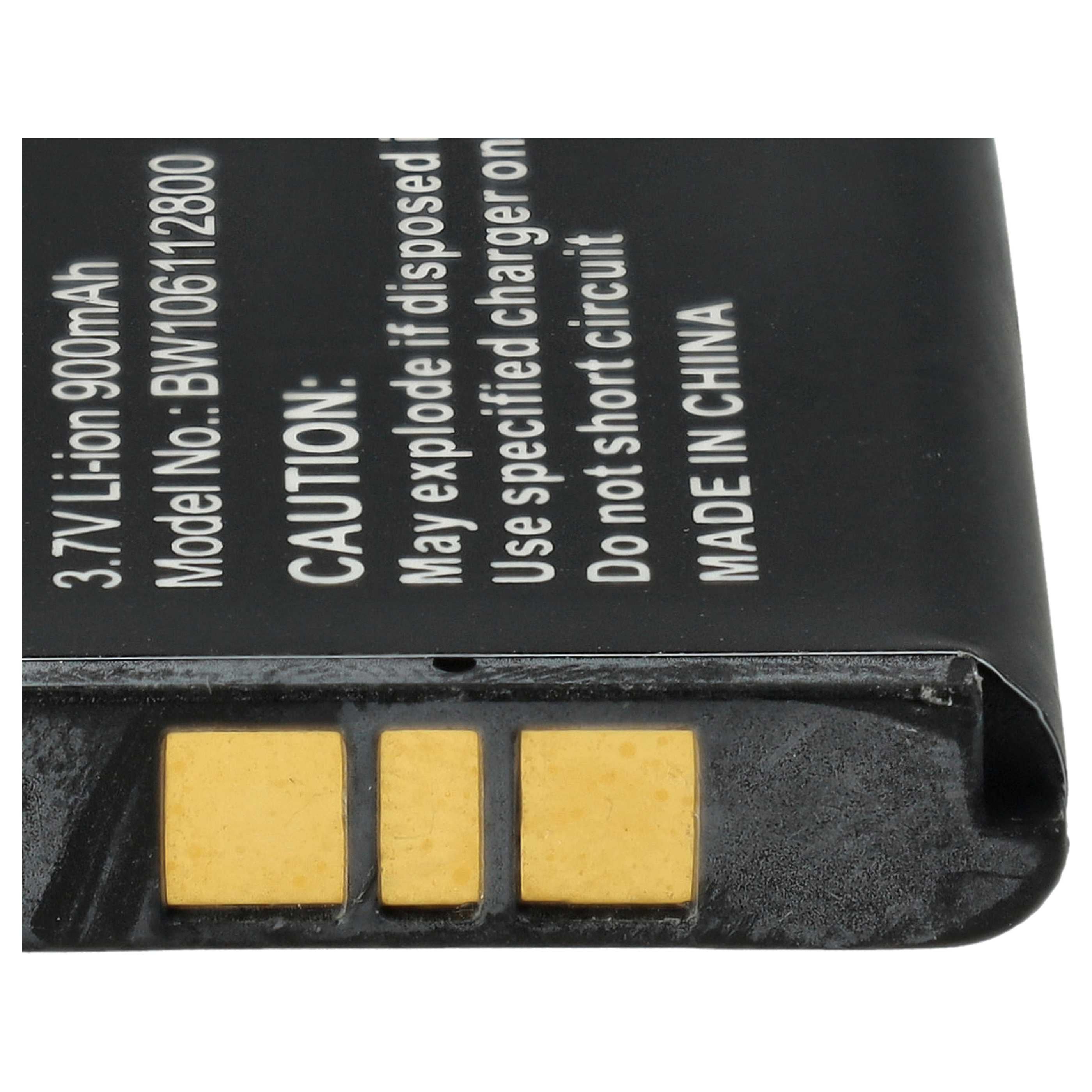 Nahaufnahme einer schwarzen Lithium-Ionen-Batterie mit technischen Angaben und Warnhinweisen.