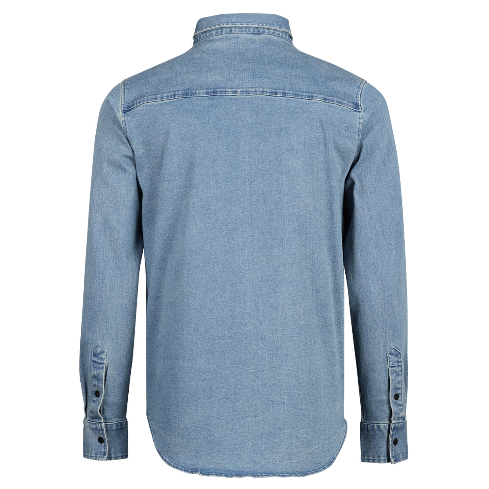 Rückansicht eines blauen Jeanshemdes mit langen Ärmeln und Knopfmanschetten.