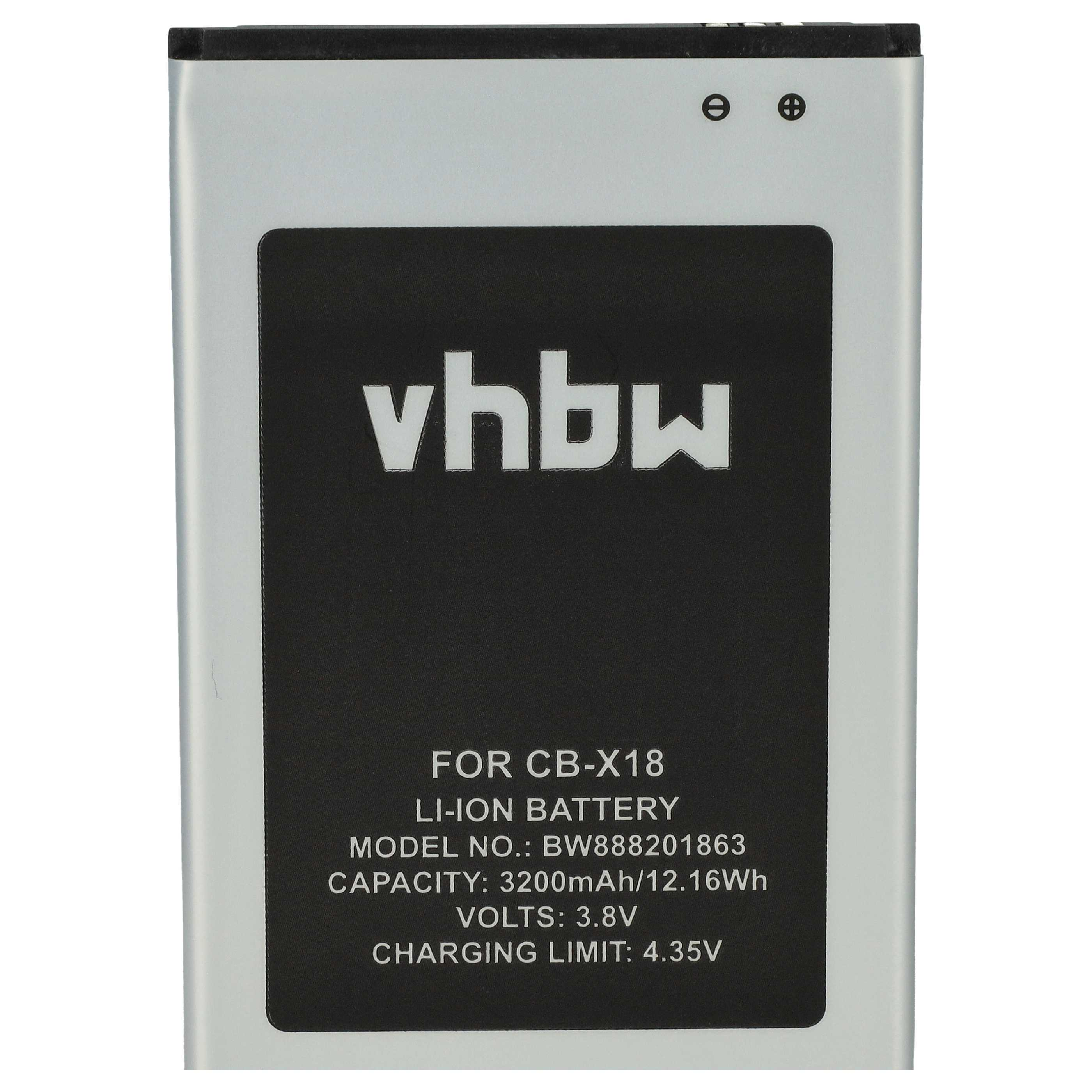 Graue VHBW Li-Ion Batterie für CB-X18, Modell BW888201863, Kapazität 3200mAh, 3.8V auf weißem Hintergrund.