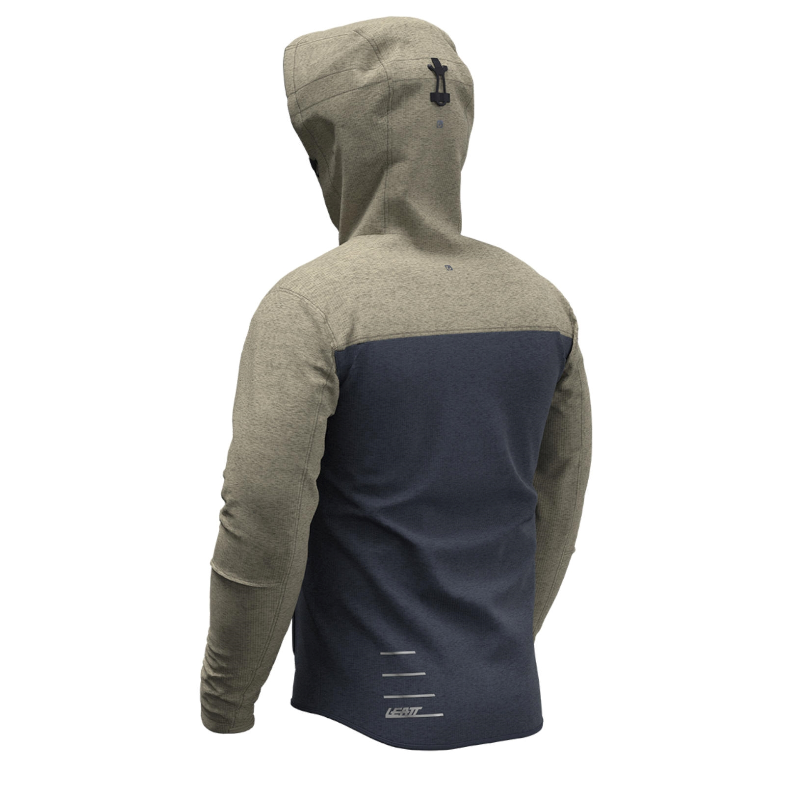 Rückansicht einer olivgrünen Jacke mit grauer unterer Hälfte, Kapuze und reflektierenden Streifen.