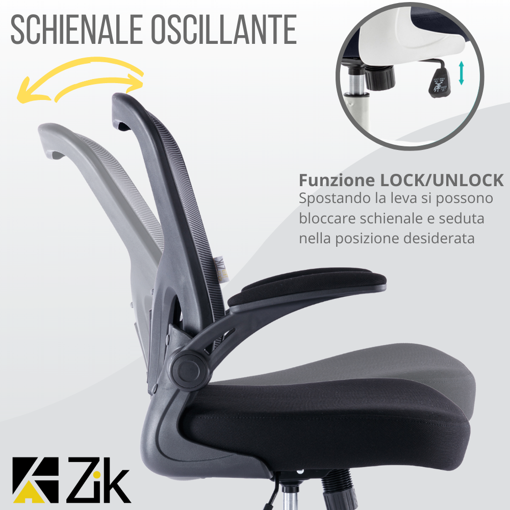 Sedia da ufficio con schienale oscillante e funzione di blocco.