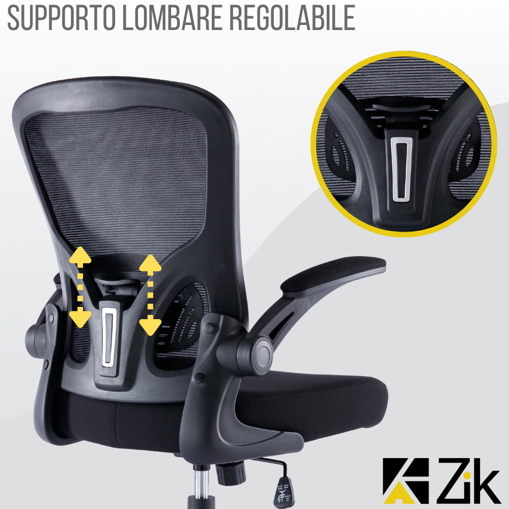 Vista posteriore di una sedia da ufficio con supporto lombare.