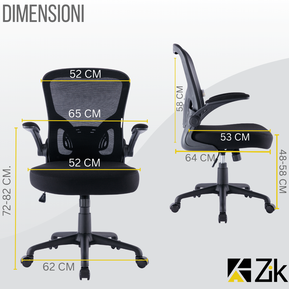 Disegno tecnico di una sedia da ufficio ergonomica nera che mostra dimensioni precise in centimetri.