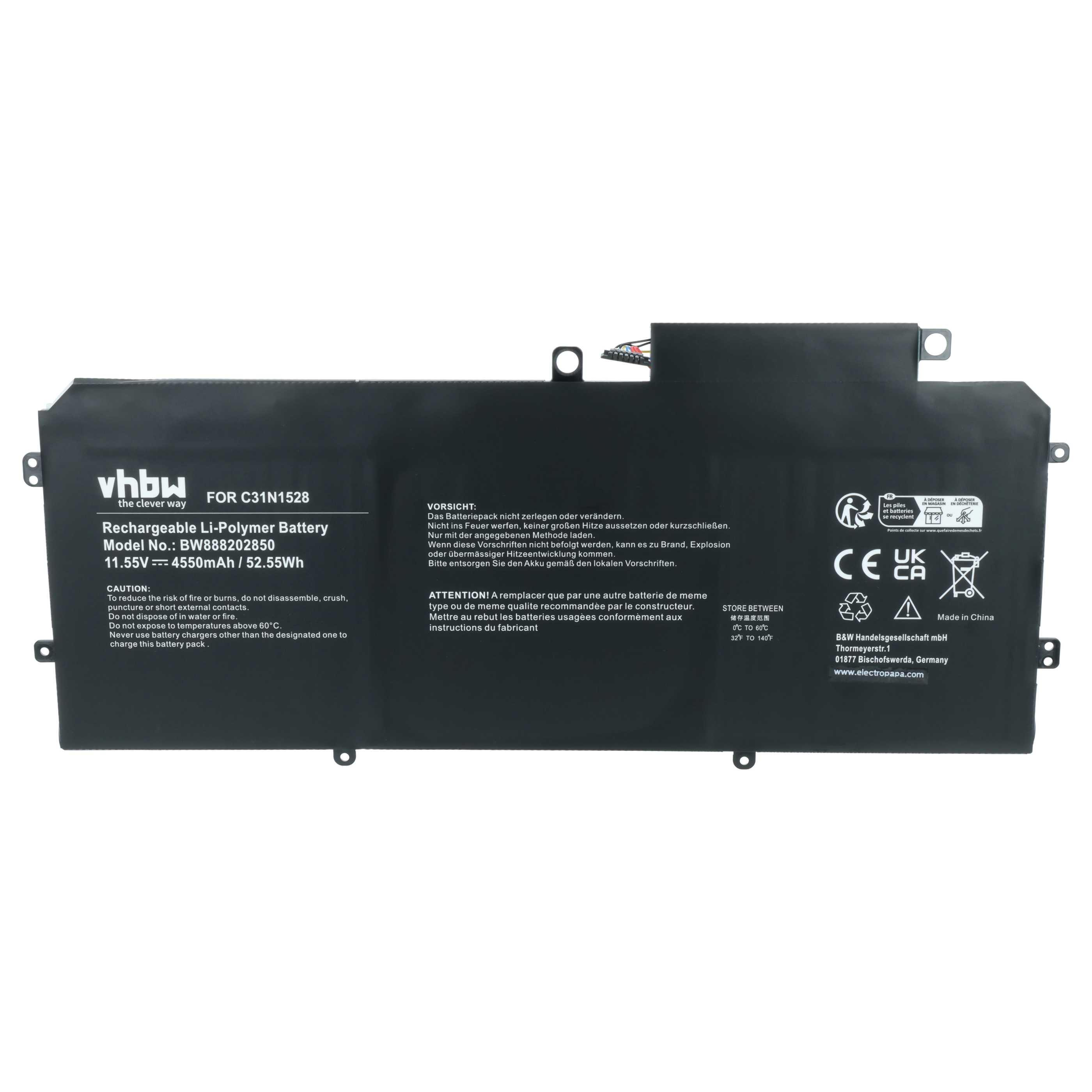 Schwarzer VHBW Li-Polymer-Akku mit technischen Daten und Warnhinweisen.