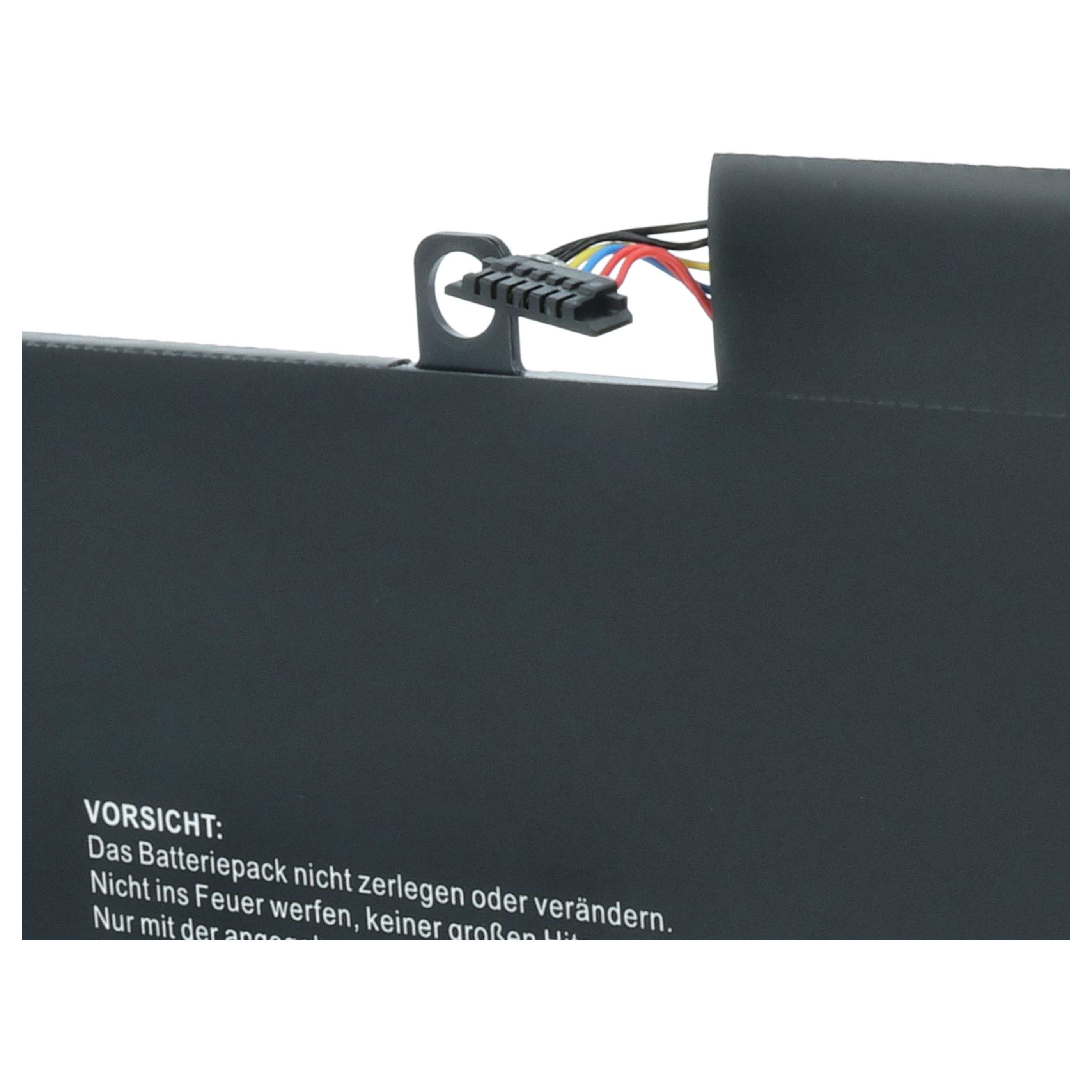 Schwarzer Akku mit weißem Warntext und einem kleinen Steckverbinder mit bunten Kabeln.