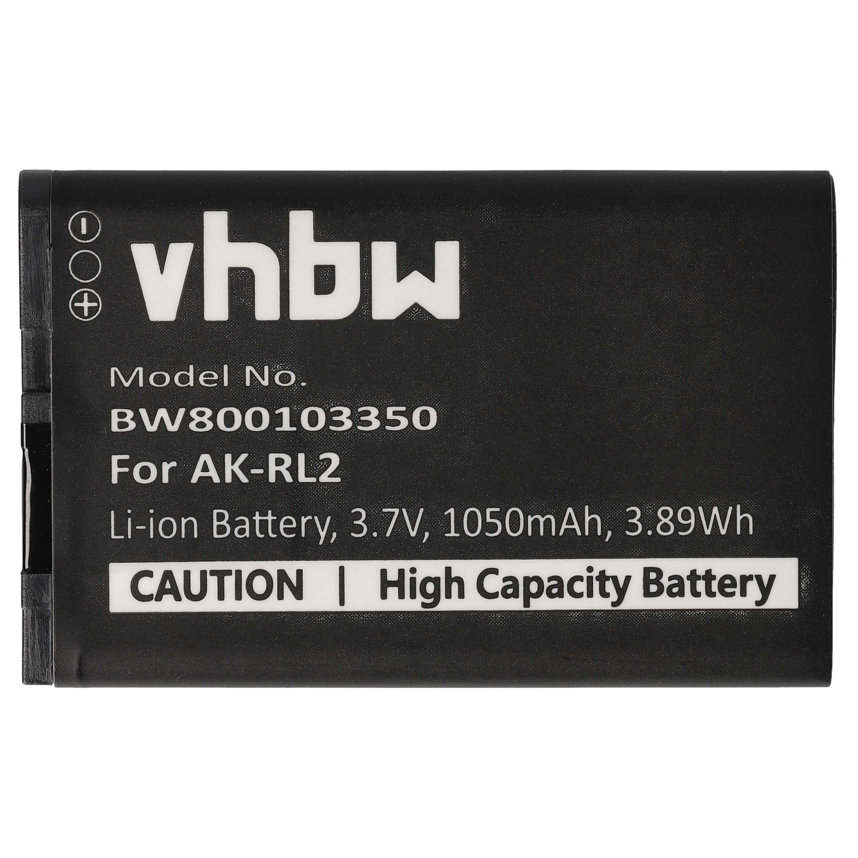 Ein schwarzer vhbw Li-Ion Akku, Modell BW800103350, 3,7V, 1050mAh, mit weißem Text.