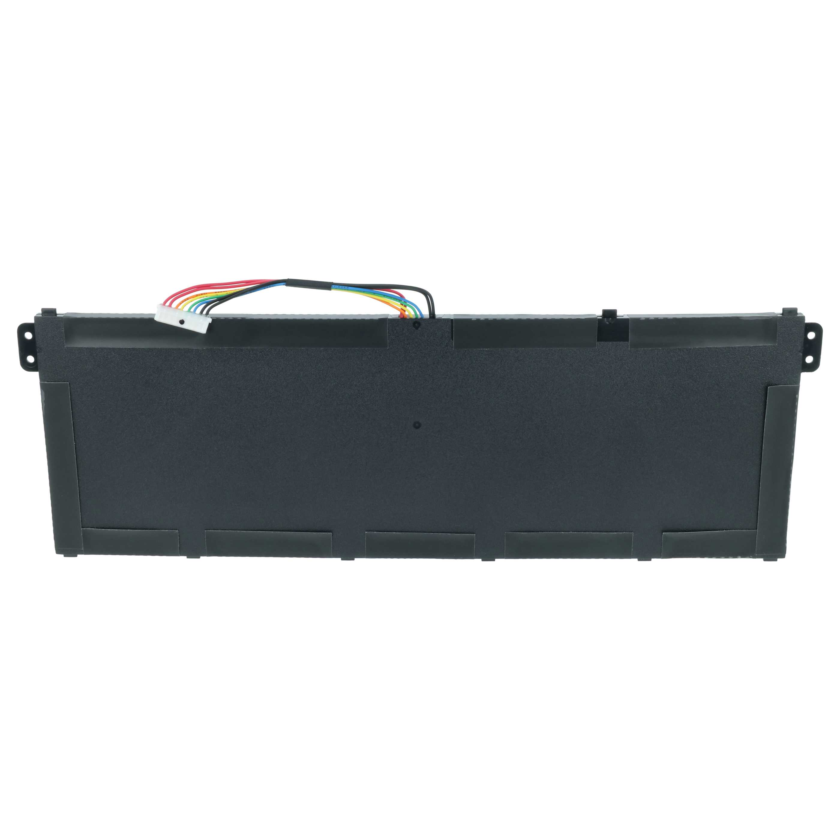 Schwarzer Laptop-Akku mit Farbverdrahtung und weißem Stecker auf weißem Hintergrund.