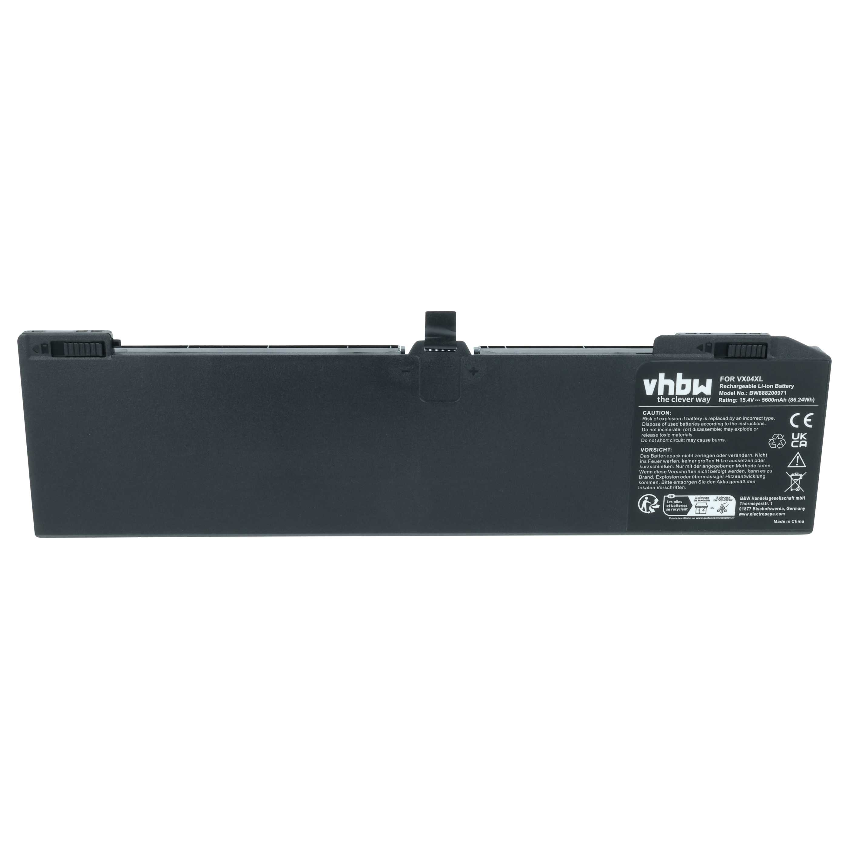 Schwarzer Vhbw Laptop-Akku mit Warnhinweisen und technischen Daten auf weißem Hintergrund.