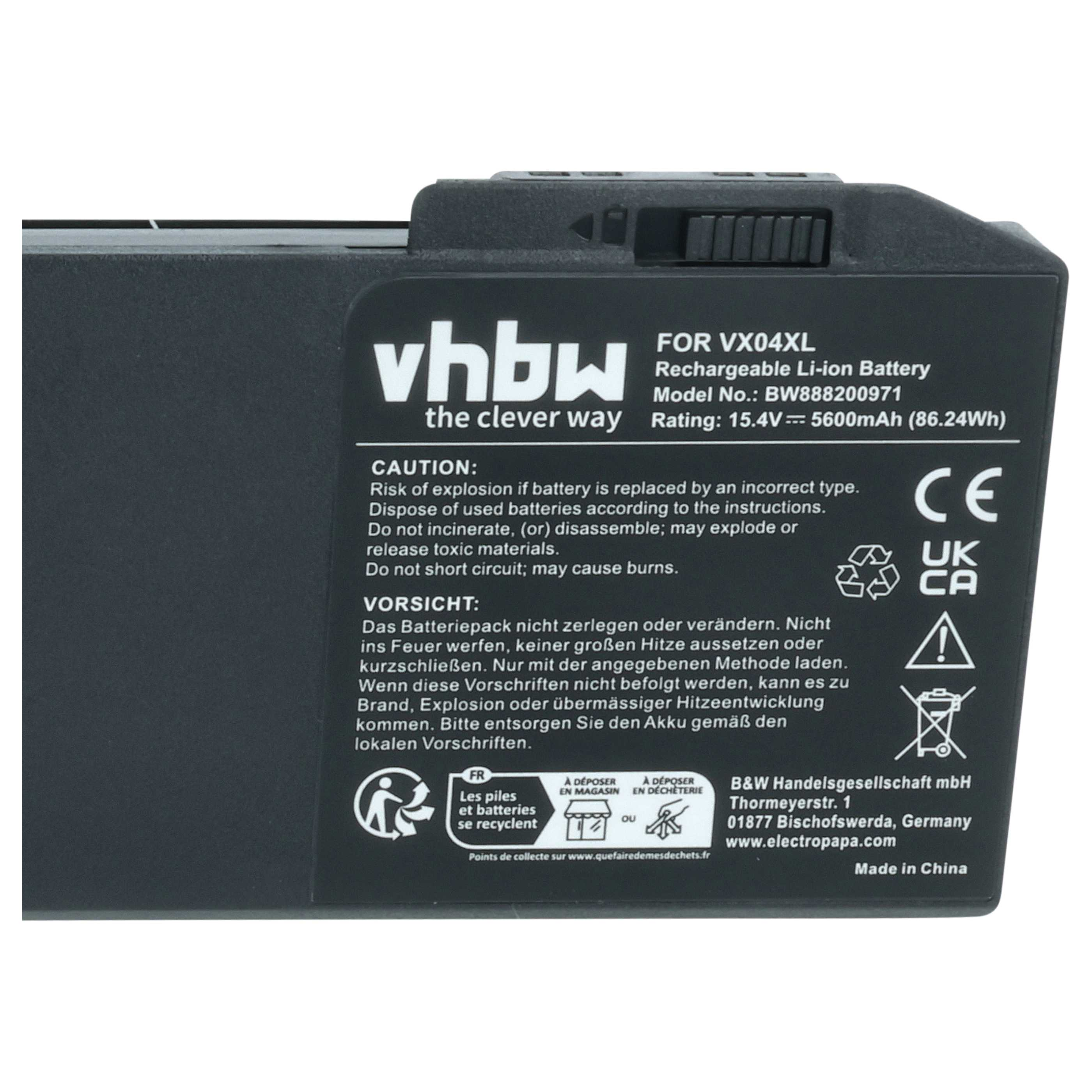 Schwarzer Laptop-Akku mit vhbw-Logo, technischen Daten sowie Warnhinweisen und CE-Kennzeichnung auf dem Etikett.