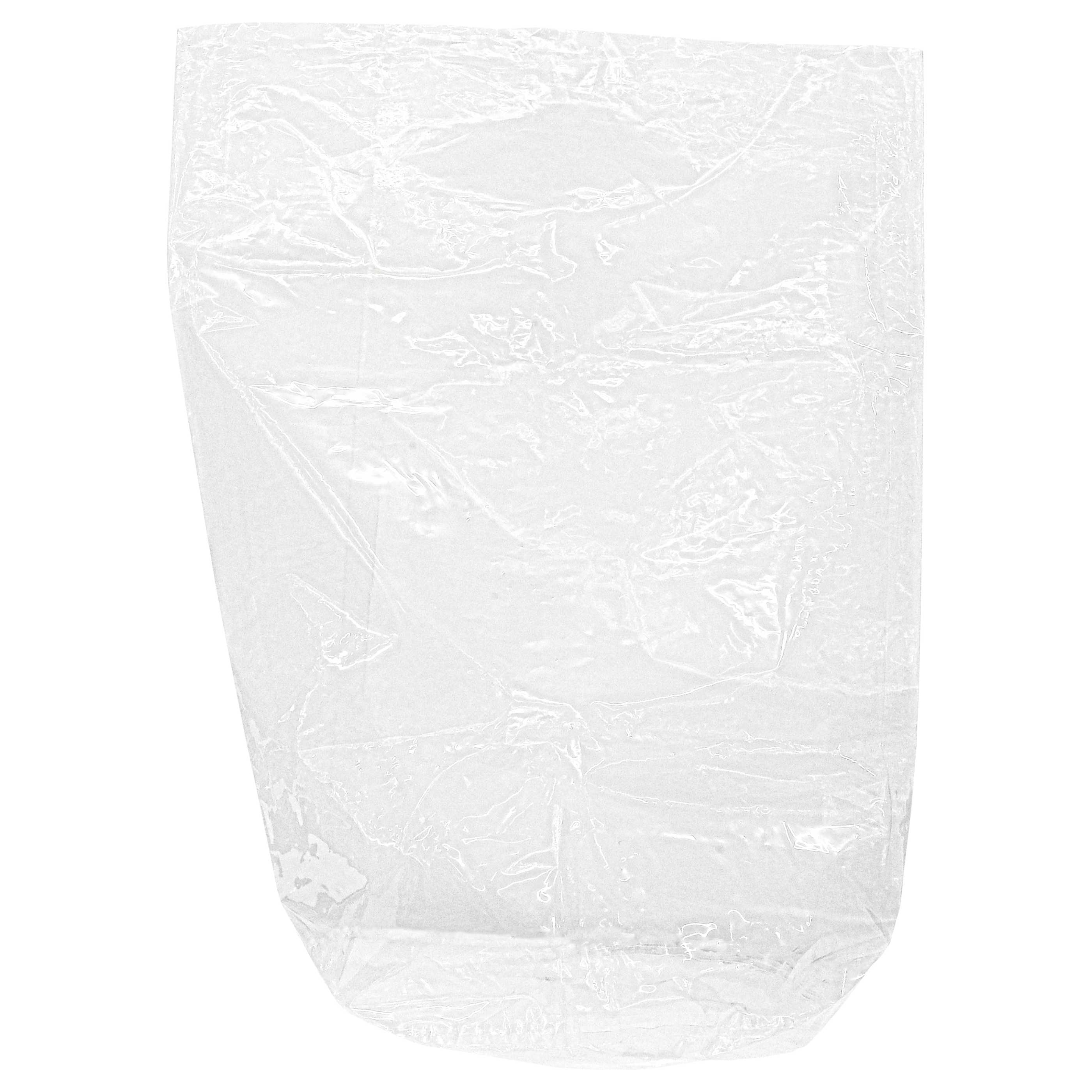 Ein leerer, transparenter Plastikbeutel liegt flach vor einem weißen Hintergrund.