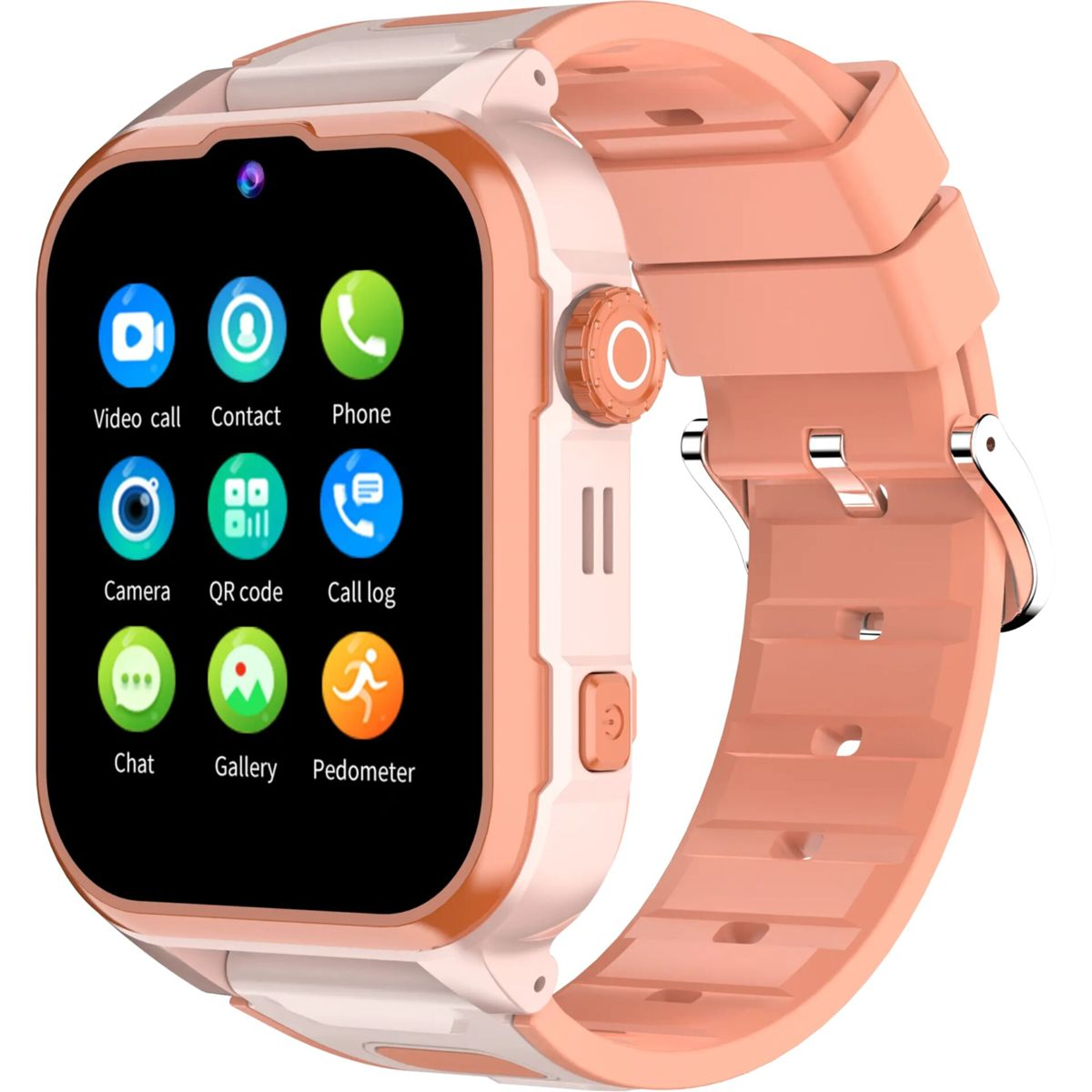 Pink kids smartwatch with touchscreen, app icons, and silicone strap on a white background.