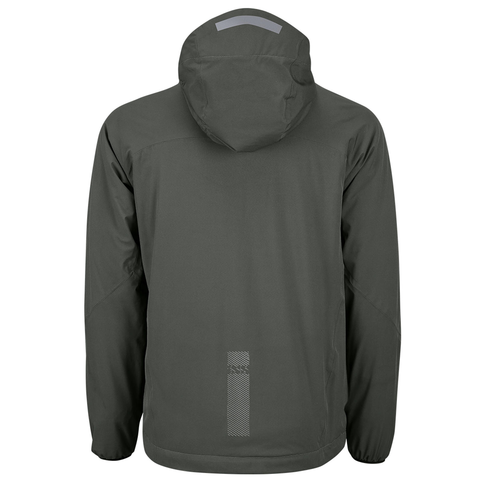Dunkelgrüne Outdoor-Jacke mit Kapuze und reflektierenden Details von hinten gesehen.