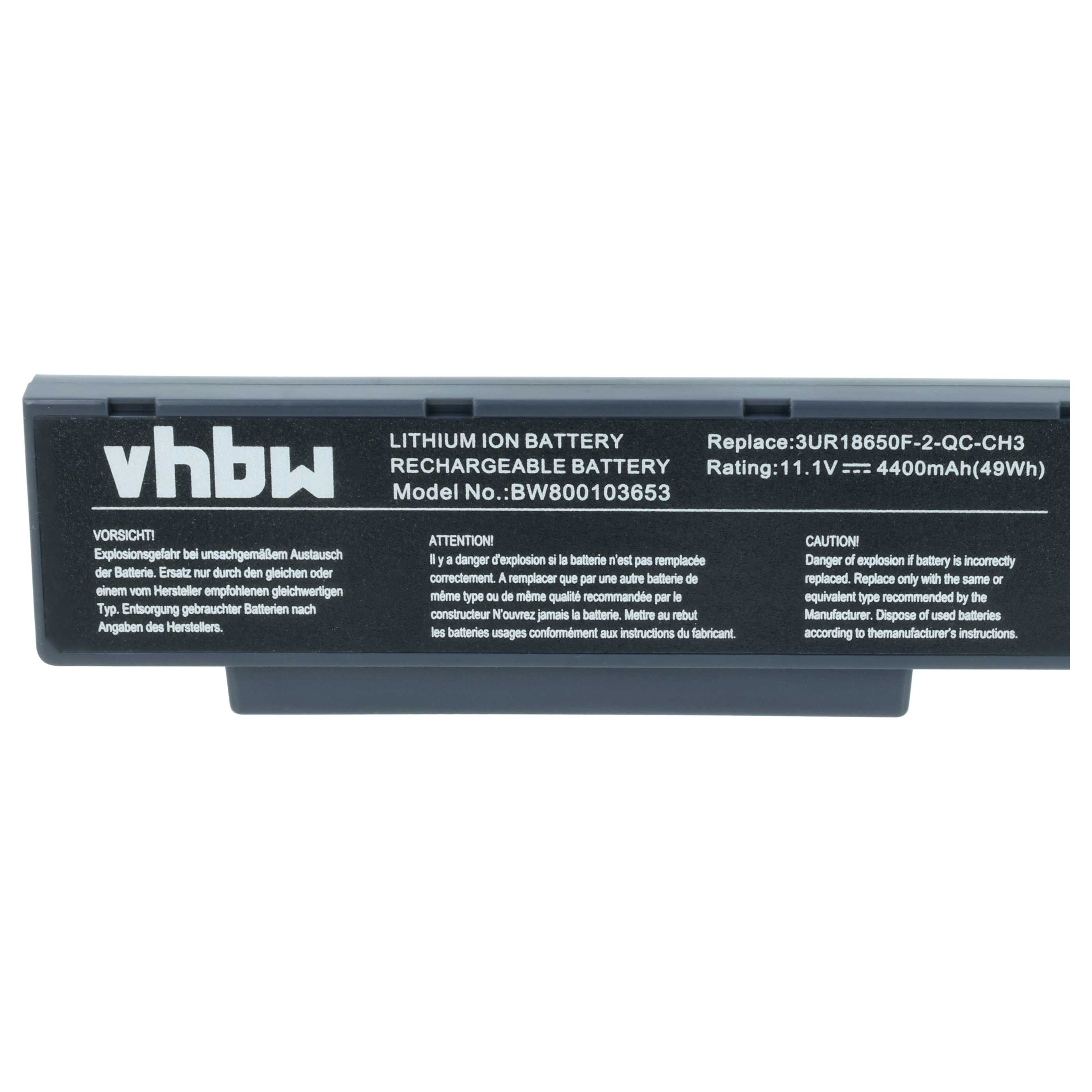 Grauer Lithium-Ionen-Akku mit vhbw-Logo und Warnhinweisen in drei Sprachen.