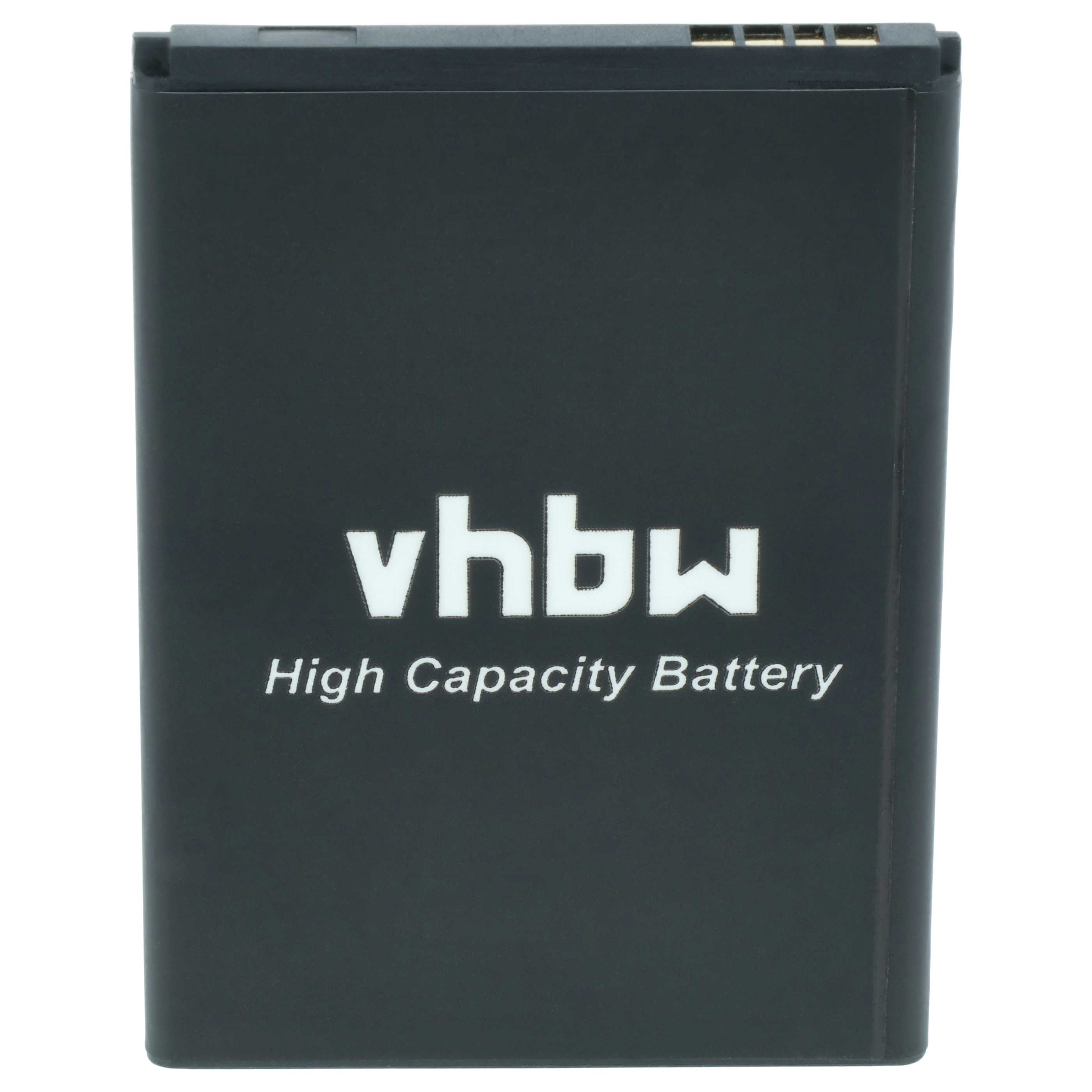 Schwarze vhbw High Capacity Batterie mit goldenen Kontakten oben und weißer Aufschrift auf einem hellen Hintergrund.