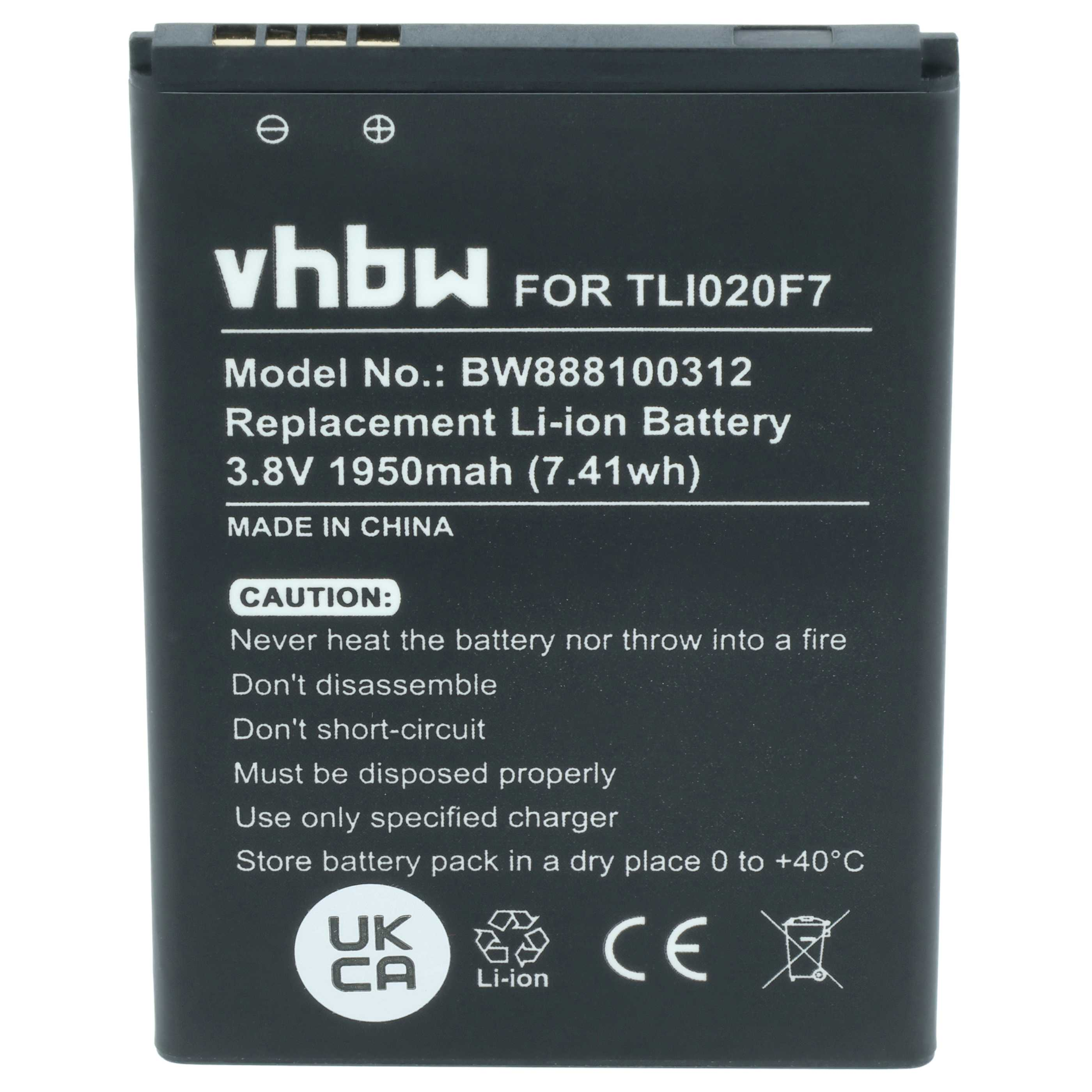 Schwarzer VHBW Li-Ionen-Ersatzakku mit Modellnummer, technischen Daten und Warnhinweisen.