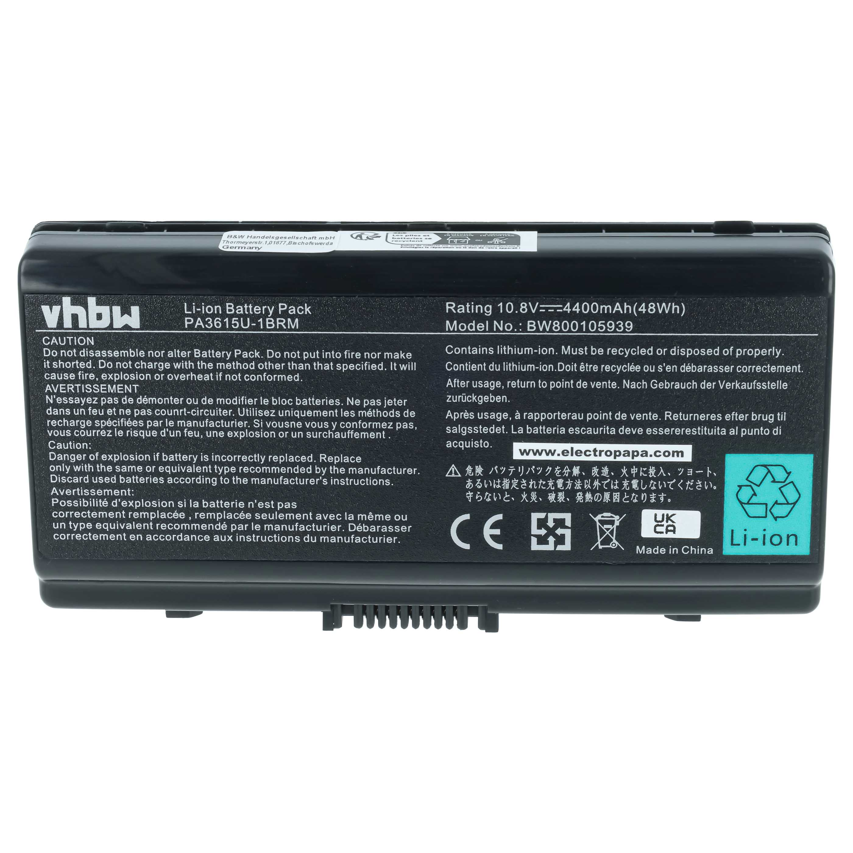 Ein schwarzer vhbw Li-Ionen-Akku mit technischen Daten, Warnhinweisen und Recycling-Symbolen.